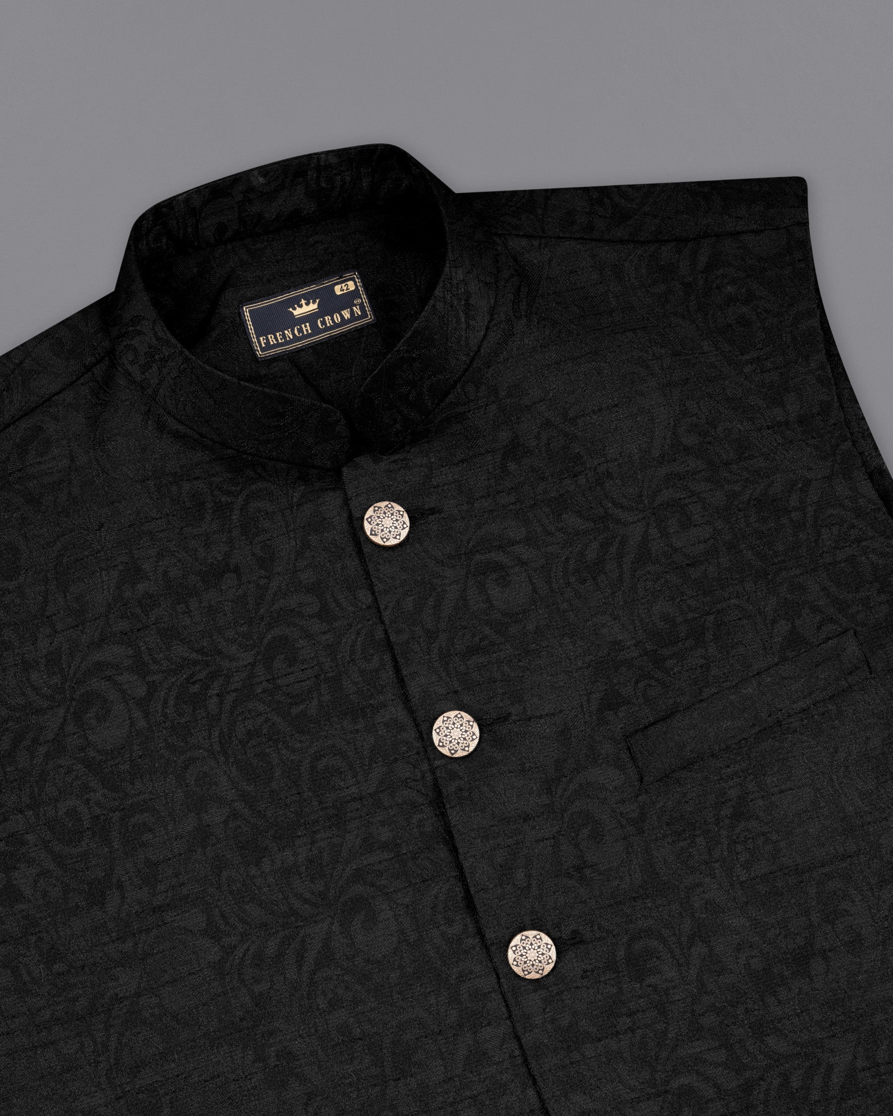 Jet Black Subtle velvet Jacquard Textured Nehru Jacket WC1676-36, WC1676-38, WC1676-40, WC1676-42, WC1676-44, WC1676-46, WC1676-48, WC1676-50, WC1676-52, WC1676-54, WC1676-56, WC1676-58, WC1676-60