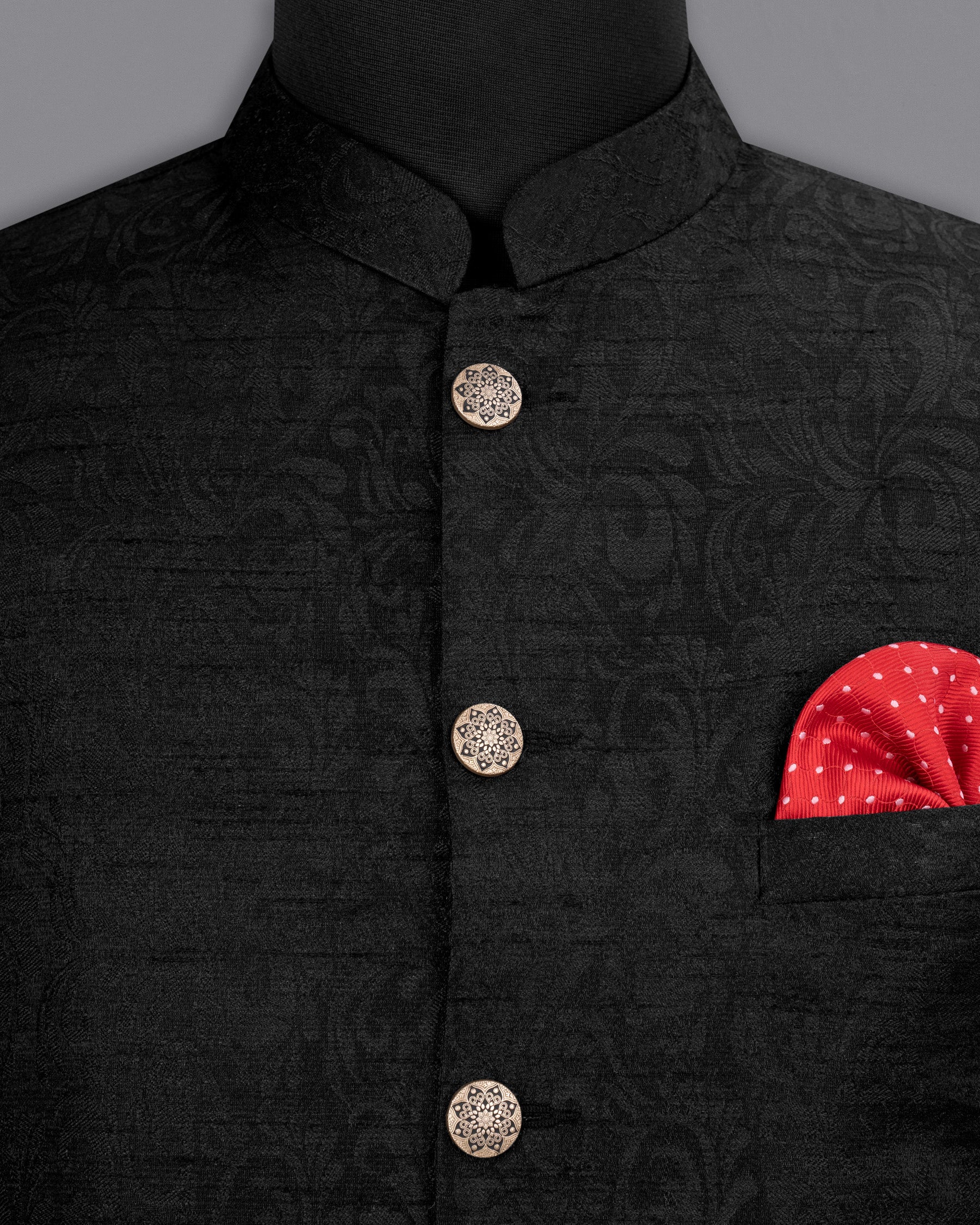 Jet Black Subtle velvet Jacquard Textured Nehru Jacket WC1676-36, WC1676-38, WC1676-40, WC1676-42, WC1676-44, WC1676-46, WC1676-48, WC1676-50, WC1676-52, WC1676-54, WC1676-56, WC1676-58, WC1676-60