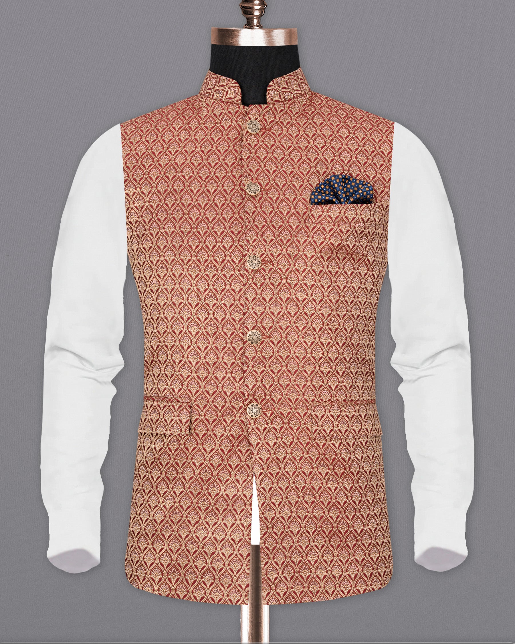 Merlot Red and Anzac Cream Jacquard Textured Nehru Jacket WC1677-36, WC1677-38, WC1677-40, WC1677-42, WC1677-44, WC1677-46, WC1677-48, WC1677-50, WC1677-52, WC1677-54, WC1677-56, WC1677-58, WC1677-60