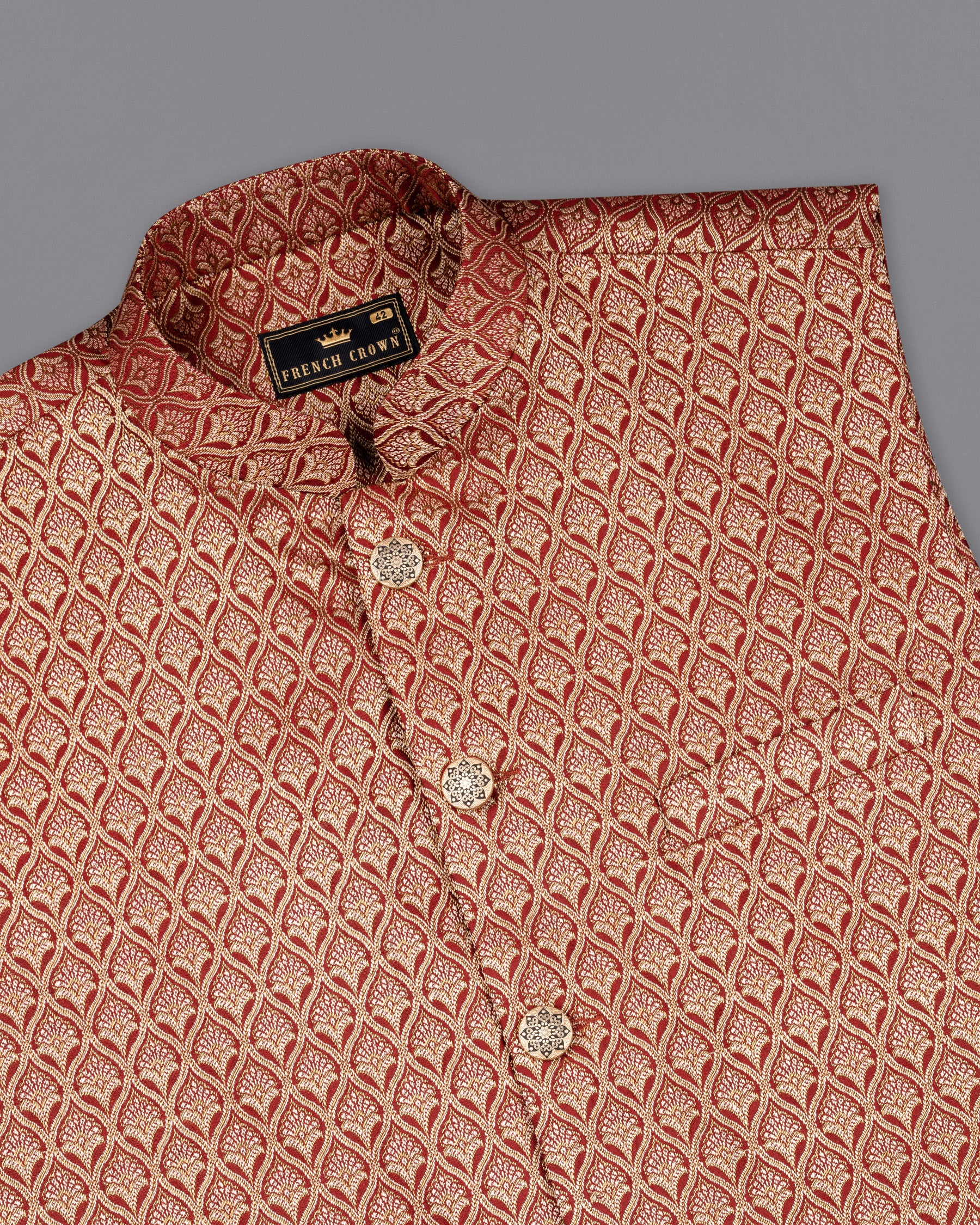 Merlot Red and Anzac Cream Jacquard Textured Nehru Jacket WC1677-36, WC1677-38, WC1677-40, WC1677-42, WC1677-44, WC1677-46, WC1677-48, WC1677-50, WC1677-52, WC1677-54, WC1677-56, WC1677-58, WC1677-60