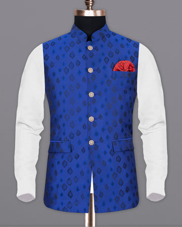 Royal Azure Blue Leaves Jacquard Textured Nehru Jacket