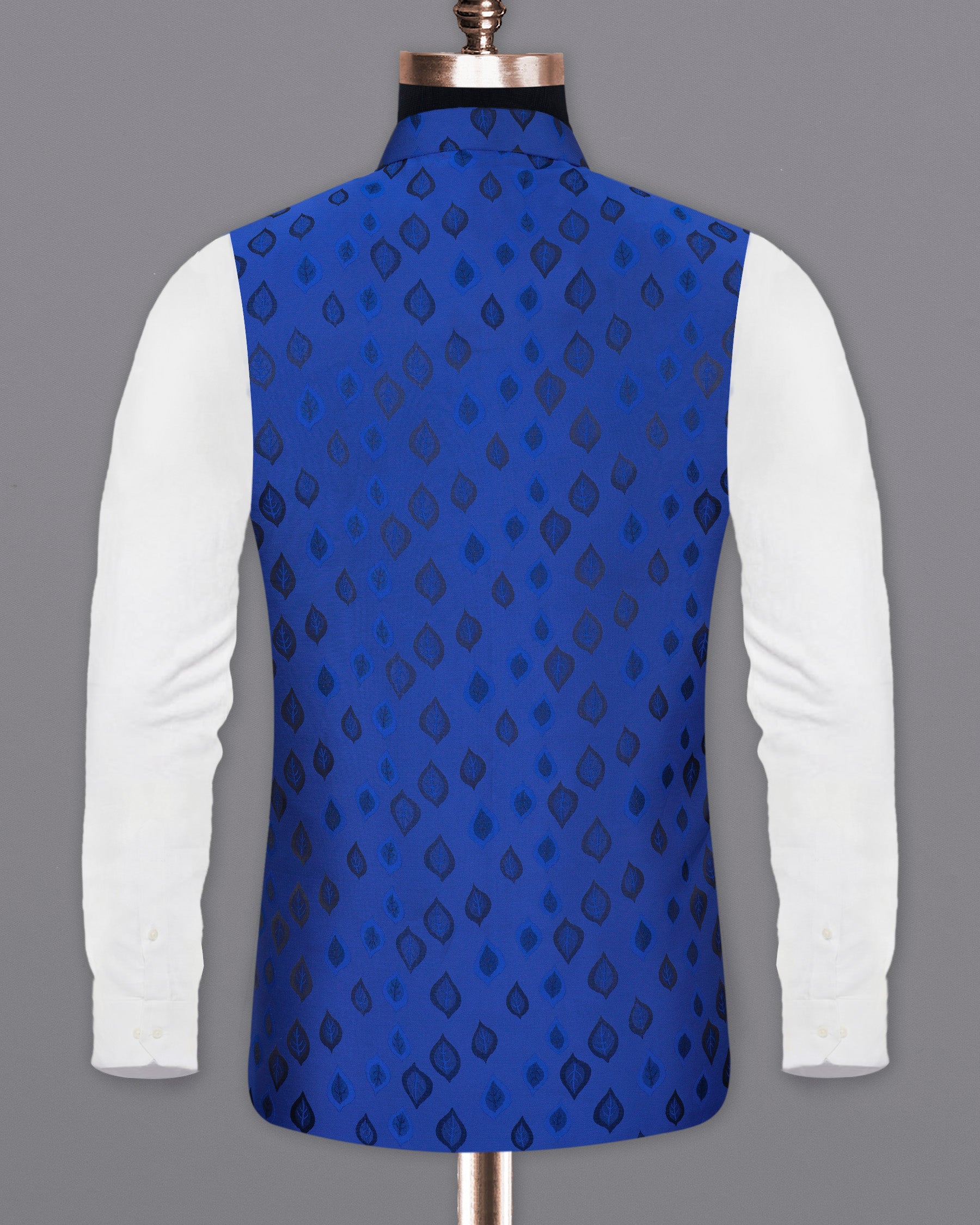 Royal Azure Blue Leaves Jacquard Textured Nehru Jacket