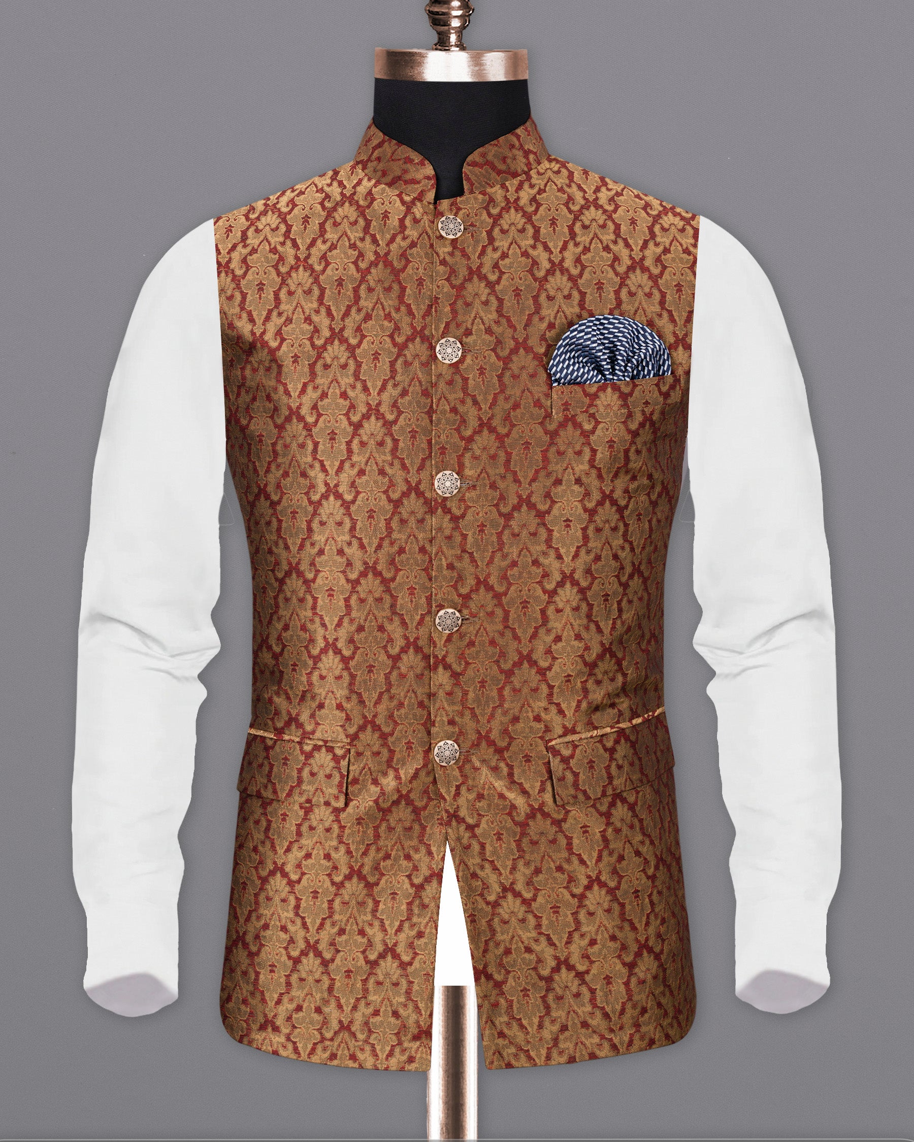 Vivid Auburm and Golden Jacquard Textured Nehru Jacket WC1679-36, WC1679-38, WC1679-40, WC1679-42, WC1679-44, WC1679-46, WC1679-48, WC1679-50, WC1679-52, WC1679-54, WC1679-56, WC1679-58, WC1679-60