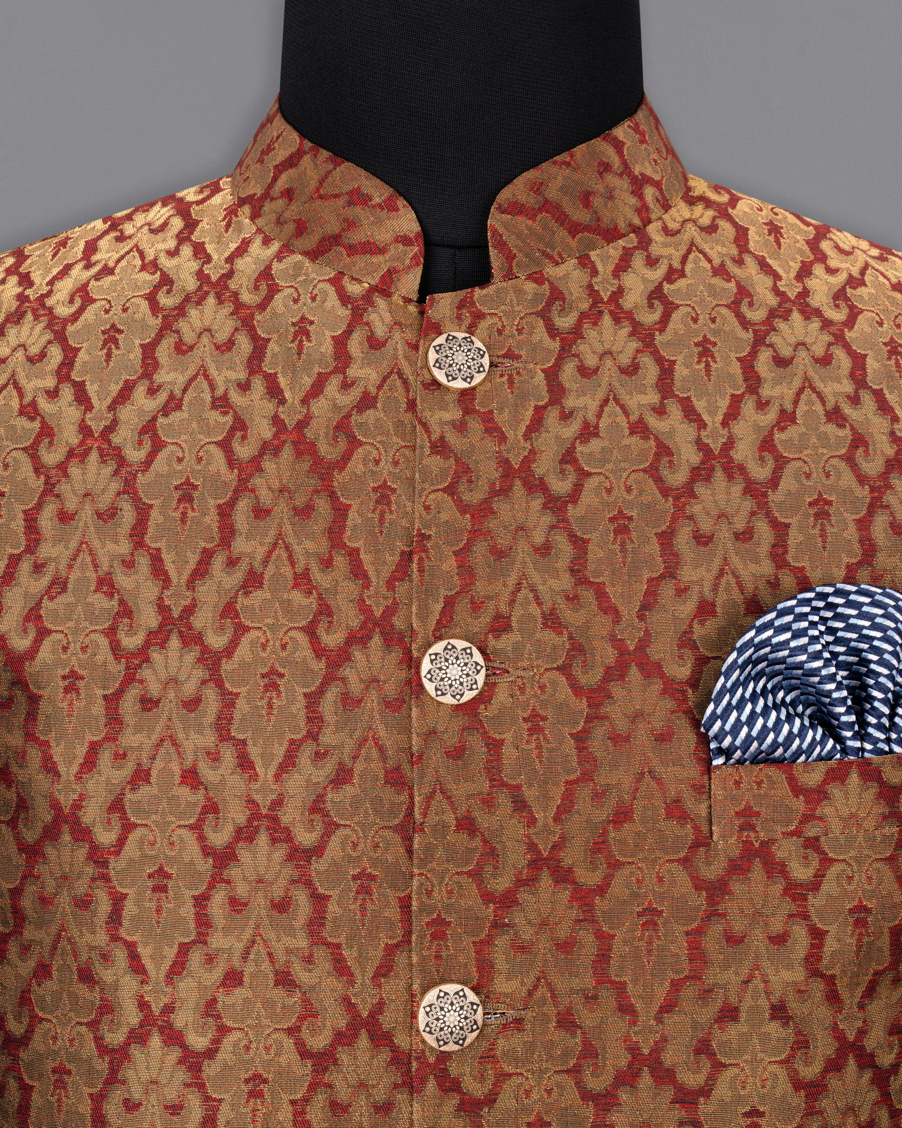 Vivid Auburm and Golden Jacquard Textured Nehru Jacket WC1679-36, WC1679-38, WC1679-40, WC1679-42, WC1679-44, WC1679-46, WC1679-48, WC1679-50, WC1679-52, WC1679-54, WC1679-56, WC1679-58, WC1679-60