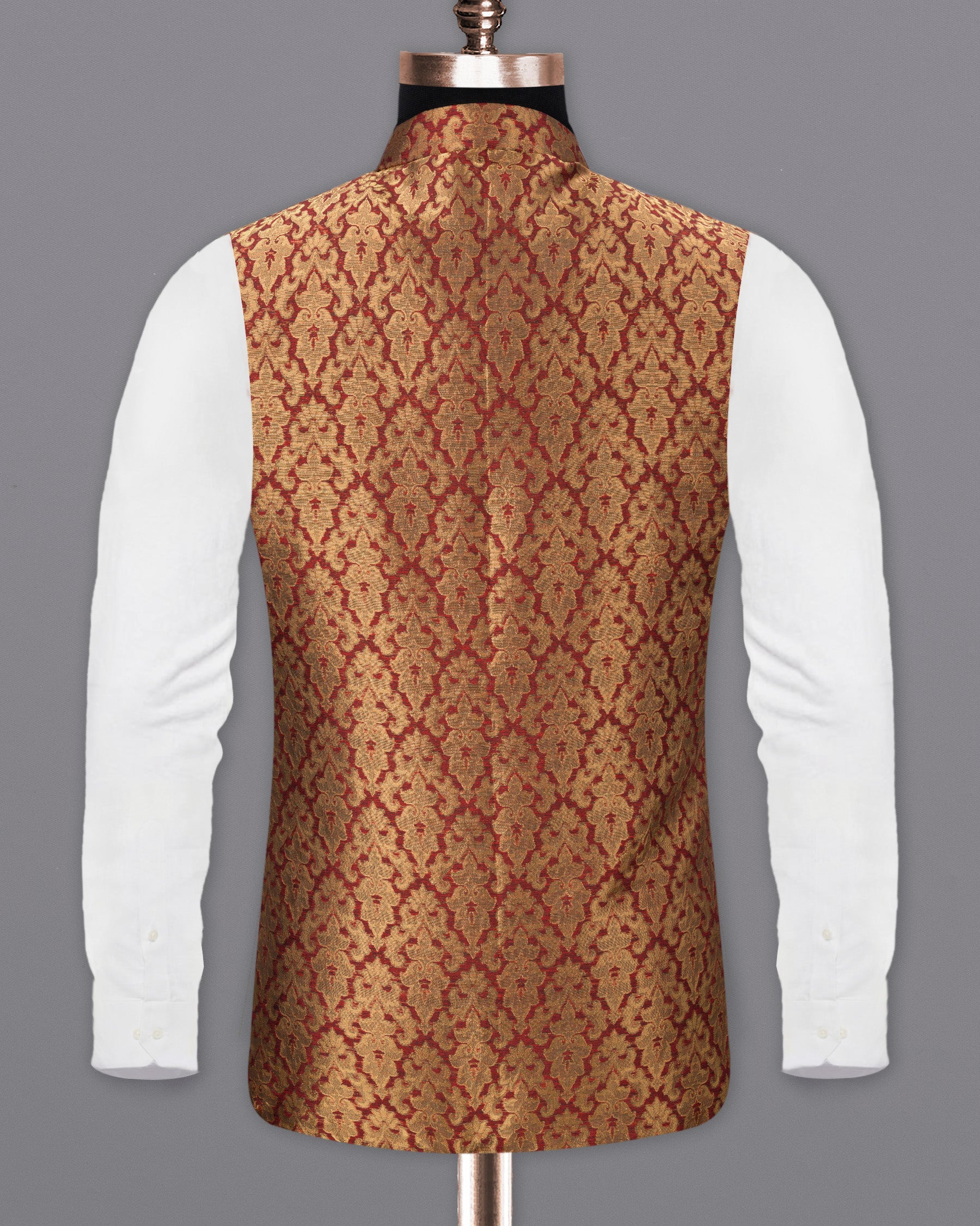 Vivid Auburm and Golden Jacquard Textured Nehru Jacket WC1679-36, WC1679-38, WC1679-40, WC1679-42, WC1679-44, WC1679-46, WC1679-48, WC1679-50, WC1679-52, WC1679-54, WC1679-56, WC1679-58, WC1679-60