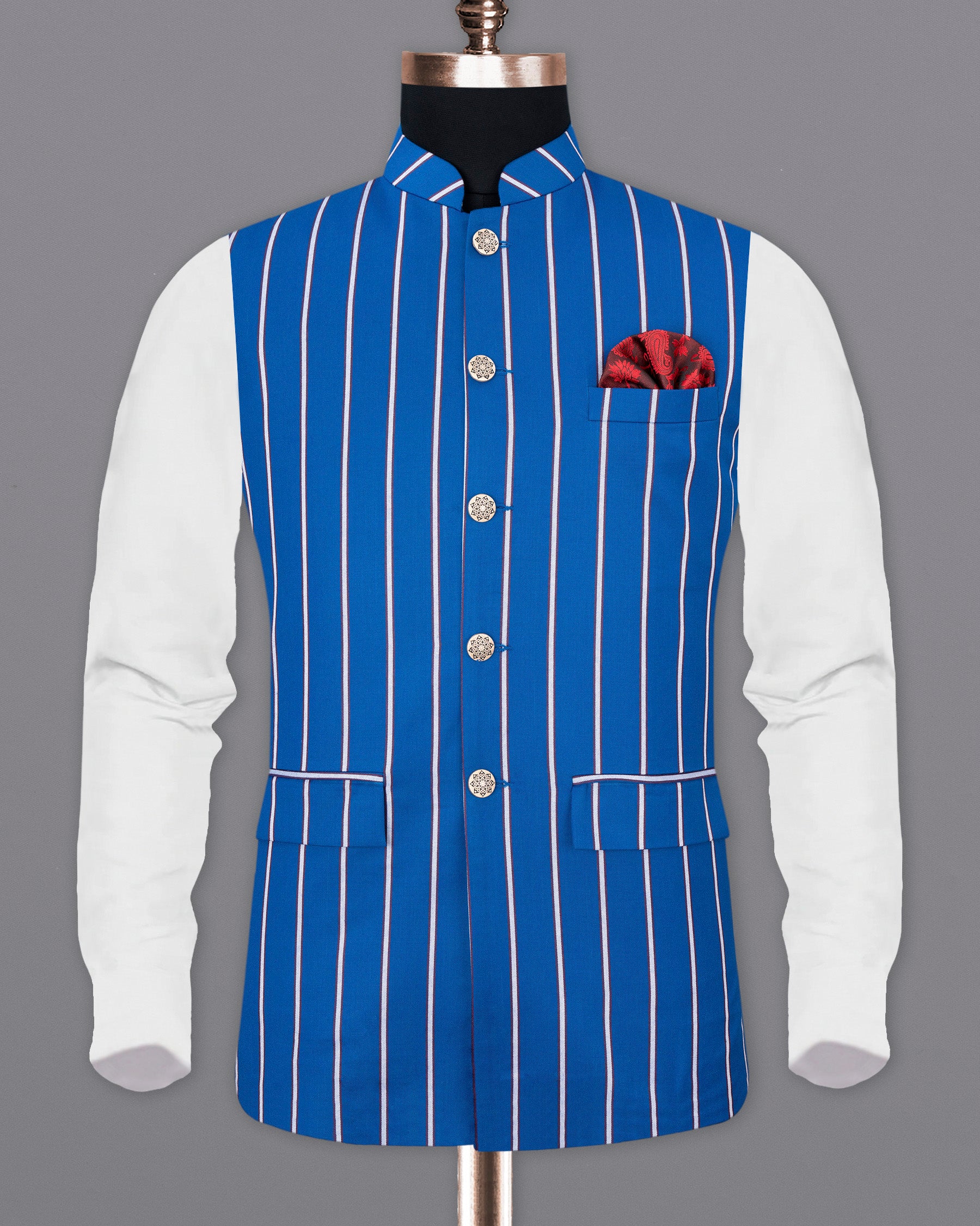 Royal Azure with wenge colour Striped Nehru Jacket WC1776-36, WC1776-38, WC1776-40, WC1776-42, WC1776-44, WC1776-46, WC1776-48, WC1776-50, WC1776-52, WC1776-54, WC1776-56, WC1776-58, WC1776-60