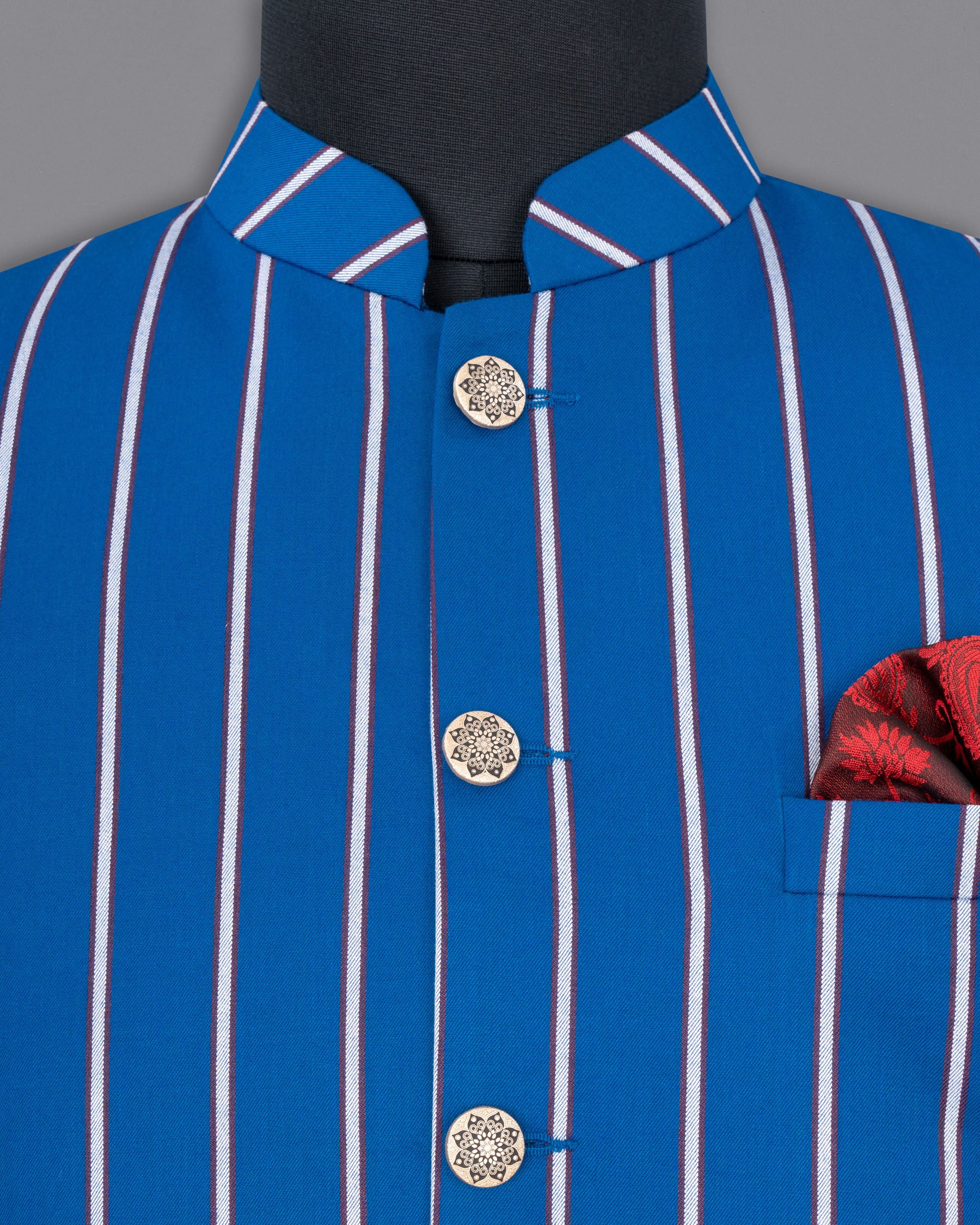 Royal Azure with wenge colour Striped Nehru Jacket WC1776-36, WC1776-38, WC1776-40, WC1776-42, WC1776-44, WC1776-46, WC1776-48, WC1776-50, WC1776-52, WC1776-54, WC1776-56, WC1776-58, WC1776-60