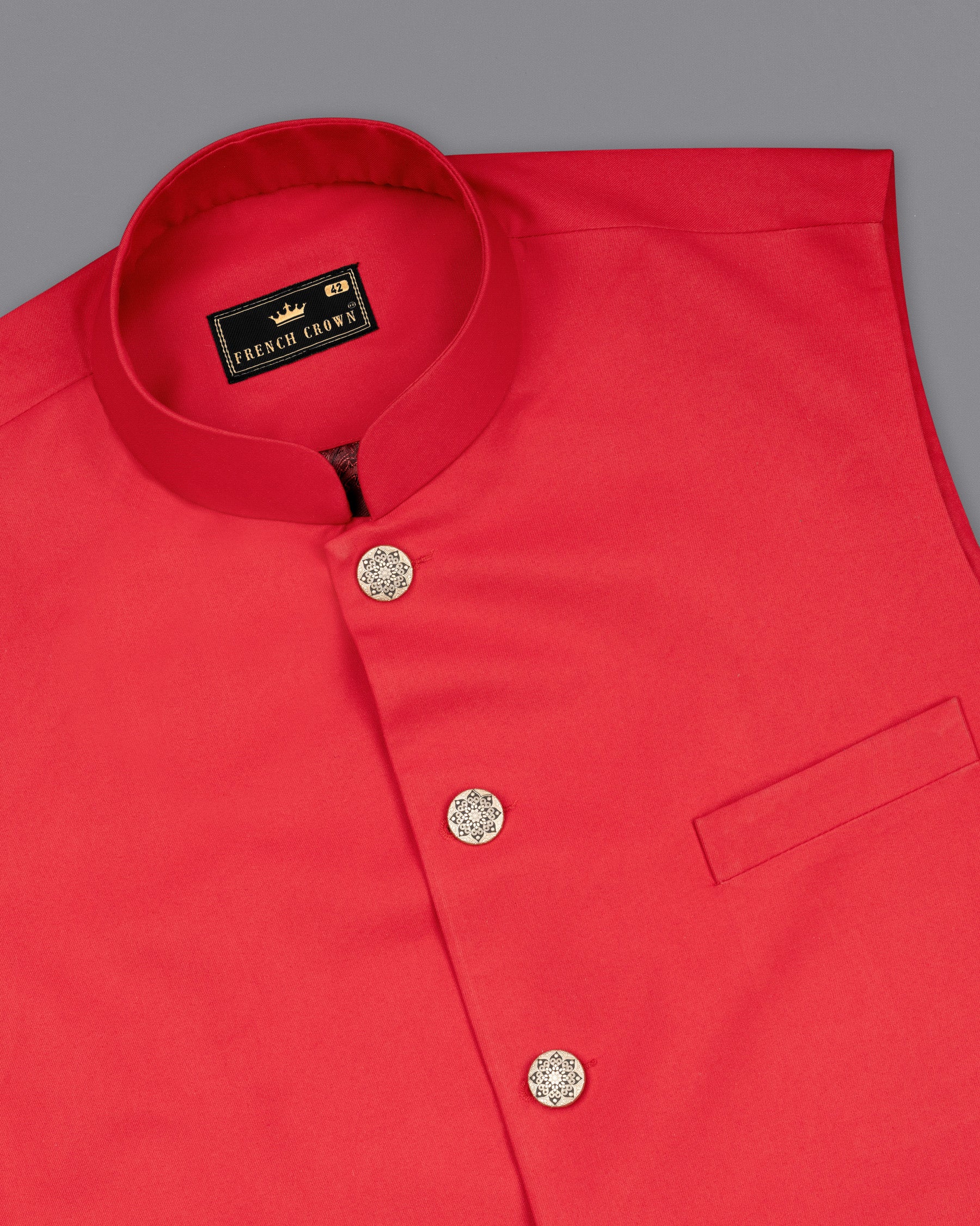 Jasper Red Solid Nehru Jacket WC1853-36, WC1853-38, WC1853-40, WC1853-42, WC1853-44, WC1853-46, WC1853-48, WC1853-50, WC1853-52, WC1853-54, WC1853-56, WC1853-58, WC1853-60