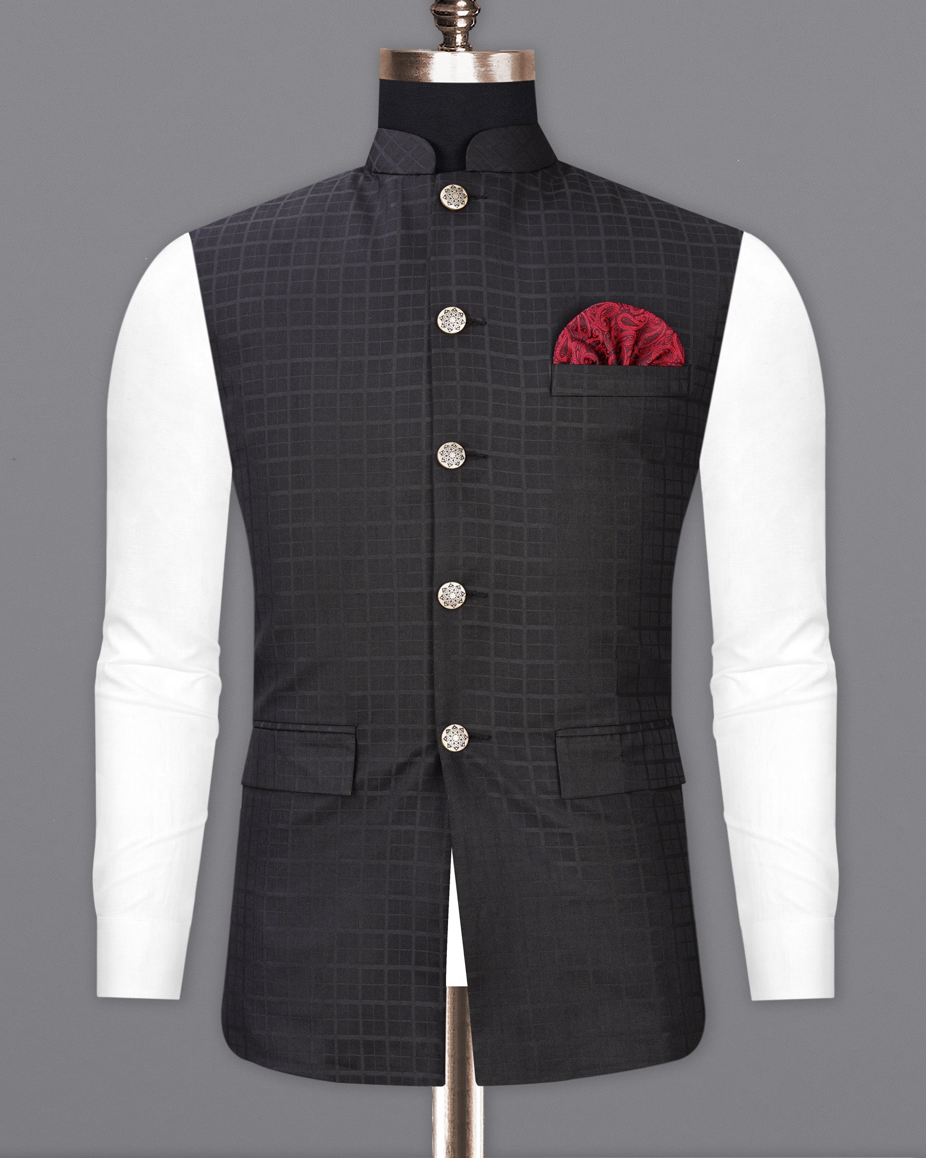 Baltic Sea Black Plaid Nehru Jacket WC1953-36, WC1953-38, WC1953-40, WC1953-42, WC1953-44, WC1953-46, WC1953-48, WC1953-50, WC1953-52, WC1953-54, WC1953-56, WC1953-58, WC1953-60