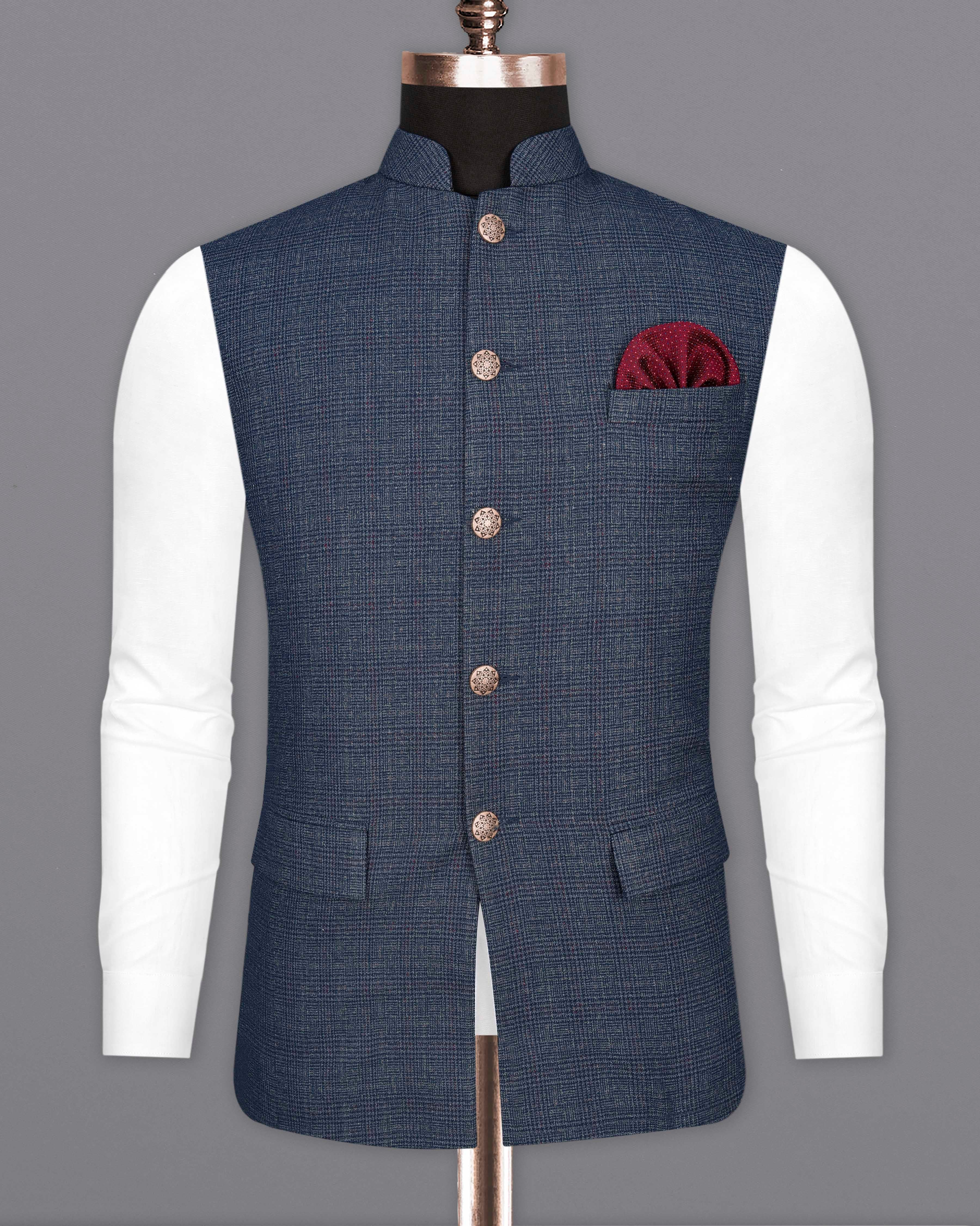 Bunting Blue Subtle Plaid Bandhgala Nehru Jacket WC2041-36, WC2041-38, WC2041-40, WC2041-42, WC2041-44, WC2041-46, WC2041-48, WC2041-50, WC2041-52, WC2041-54, WC2041-56, WC2041-58, WC2041-60