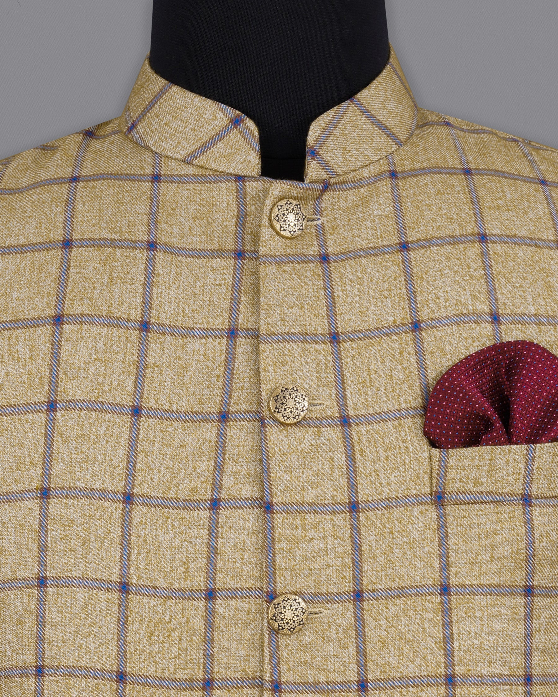 Mongoose Brown with Dianne Blue Windowpane Bandhgala Nehru Jacket  WC2137-38, WC2137-39, WC2137-40, WC2137-42, WC2137-44, WC2137-46, WC2137-48, WC2137-50, WC2137-52