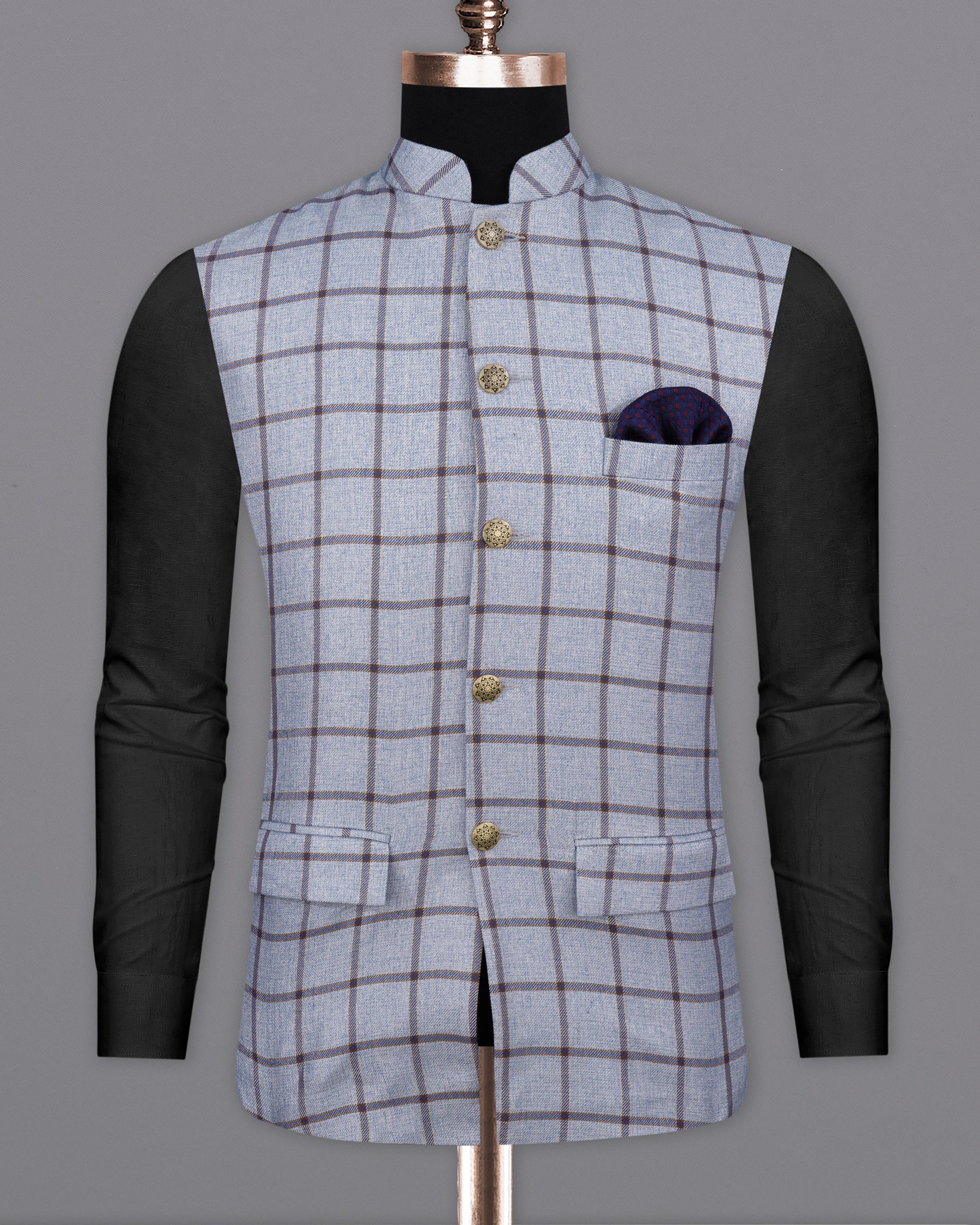 Spun Pearl Gray Checkered Bandhgala Nehru Jacket WC2140-38, WC2140-39, WC2140-40, WC2140-42, WC2140-44, WC2140-46, WC2140-48, WC2140-50, WC2140-52