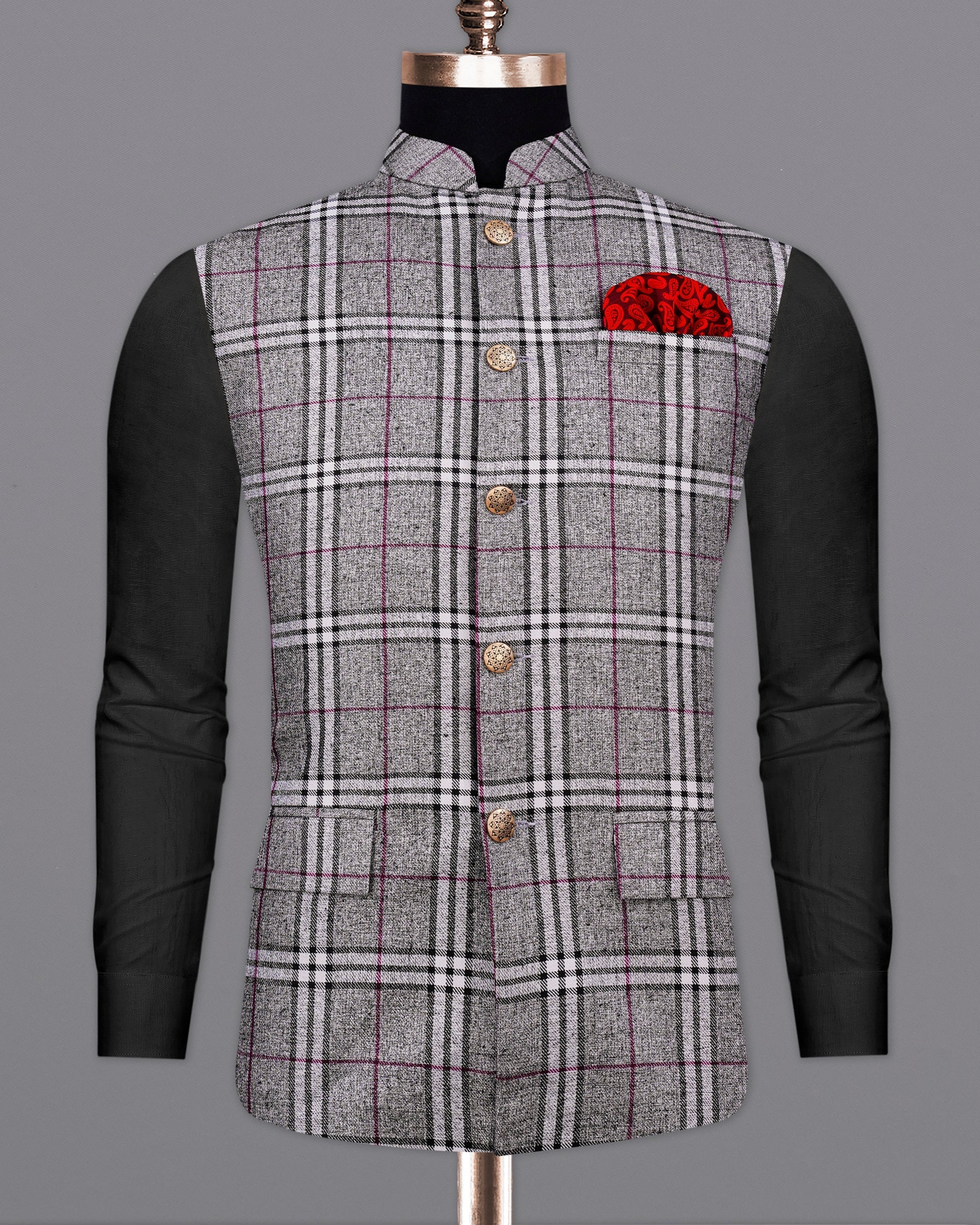 Amethyst Gray with Black Plaid Bandhgala Nehru Jacket  WC2141-38, WC2141-39, WC2141-40, WC2141-42, WC2141-44, WC2141-46, WC2141-48, WC2141-50, WC2141-52