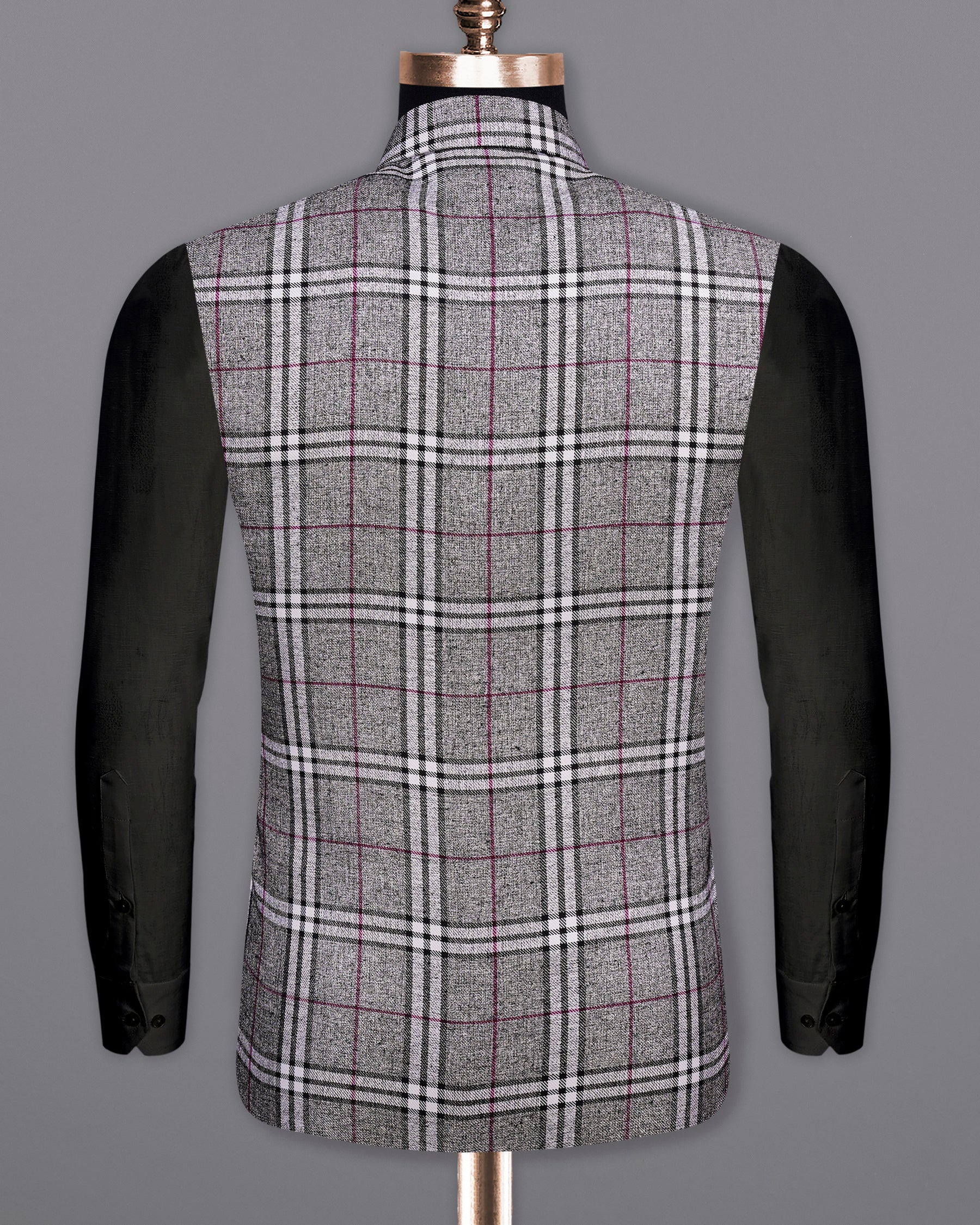 Amethyst Gray with Black Plaid Bandhgala Nehru Jacket  WC2141-38, WC2141-39, WC2141-40, WC2141-42, WC2141-44, WC2141-46, WC2141-48, WC2141-50, WC2141-52