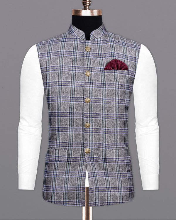 StarDust Gray with Martinique Blue Plaid Bandhgala Nehru Jacket WC2145-38, WC2145-39, WC2145-40, WC2145-42, WC2145-44, WC2145-46, WC2145-48, WC2145-50, WC2145-52