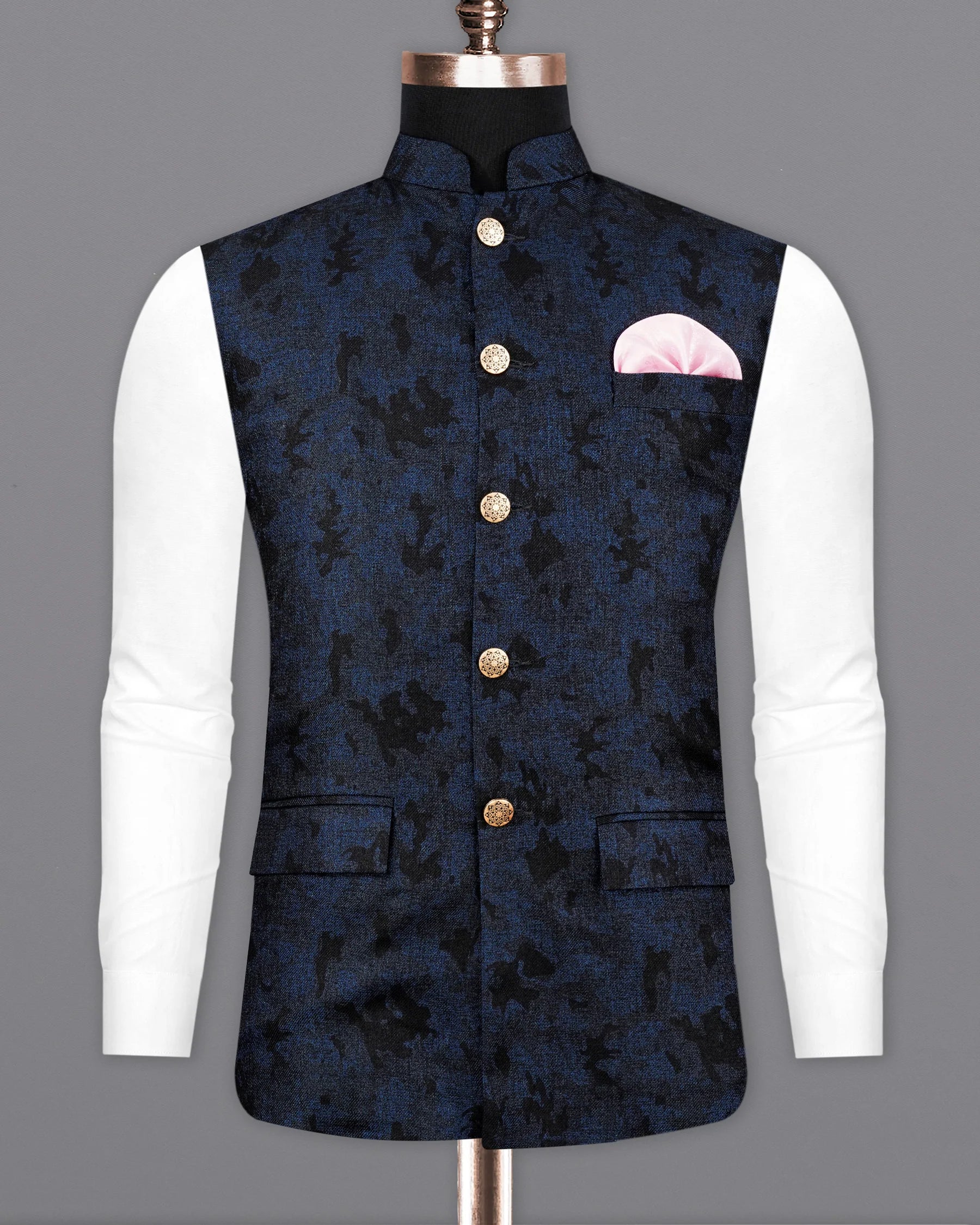 Gunmetal Navy Blue with Jade Black Chintz Bandhgala Designer Nehru Jacket WC2158-38, WC2158-39, WC2158-40, WC2158-42, WC2158-44, WC2158-46, WC2158-48, WC2158-50, WC2158-52