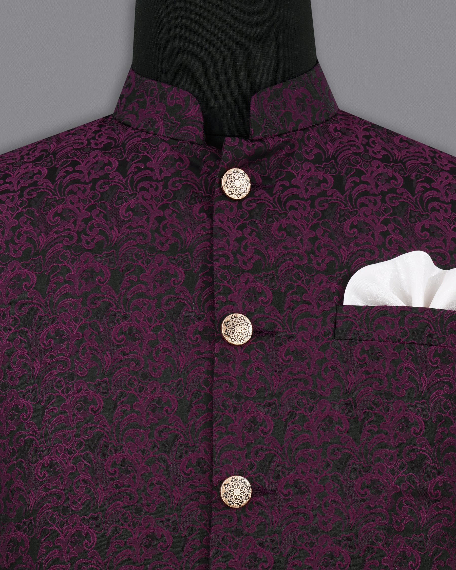 Thunder Dark Maroon with Byzantium Maroon Damask Bandhgala Nehru Jacket  WC2159-38, WC2159-39, WC2159-40, WC2159-42, WC2159-44, WC2159-46, WC2159-48, WC2159-50, WC2159-52