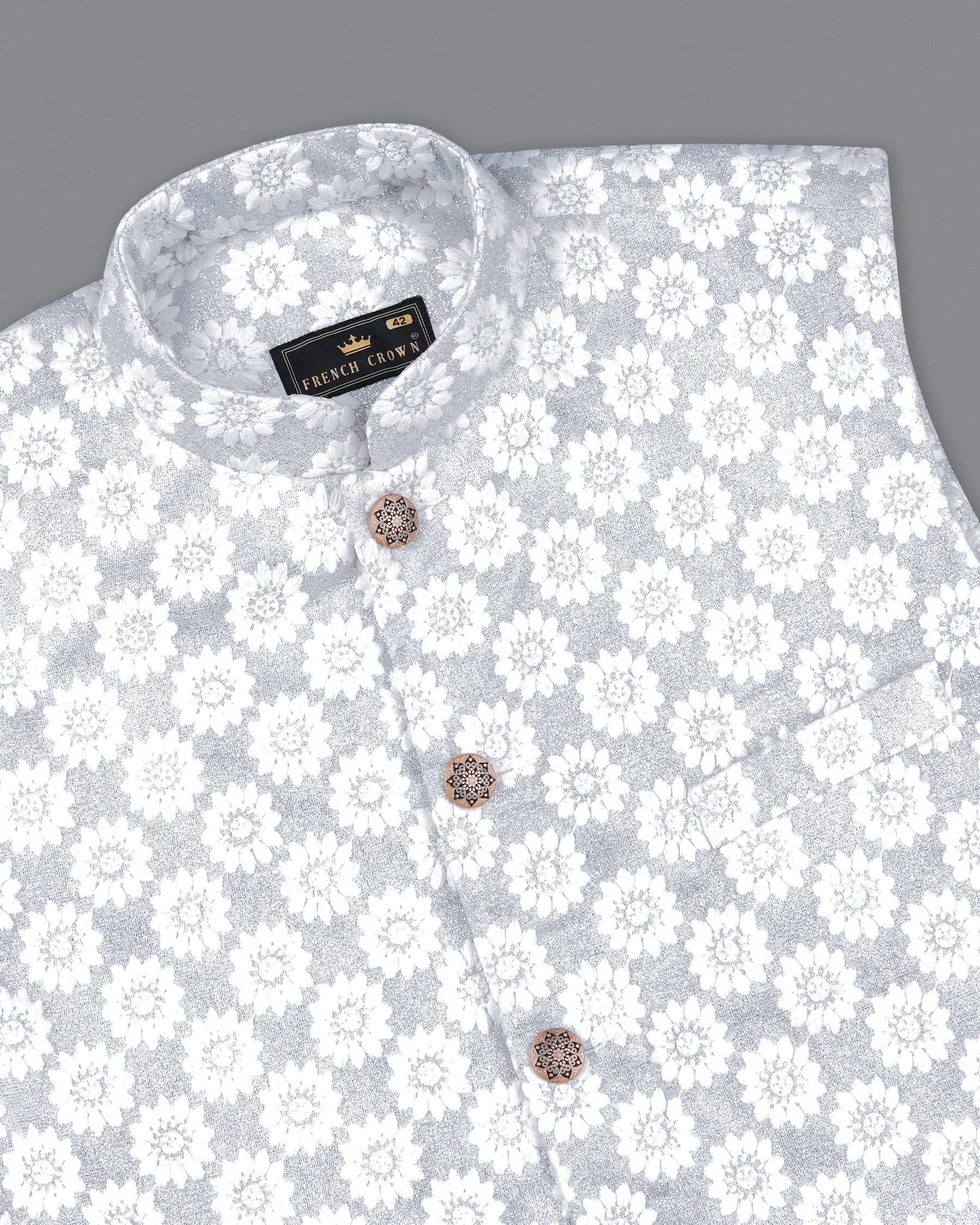 Heather Silver with White Floral Embroidered Nehru Jacket WC2160-38, WC2160-39, WC2160-40, WC2160-42, WC2160-44, WC2160-46, WC2160-48, WC2160-50, WC2160-52