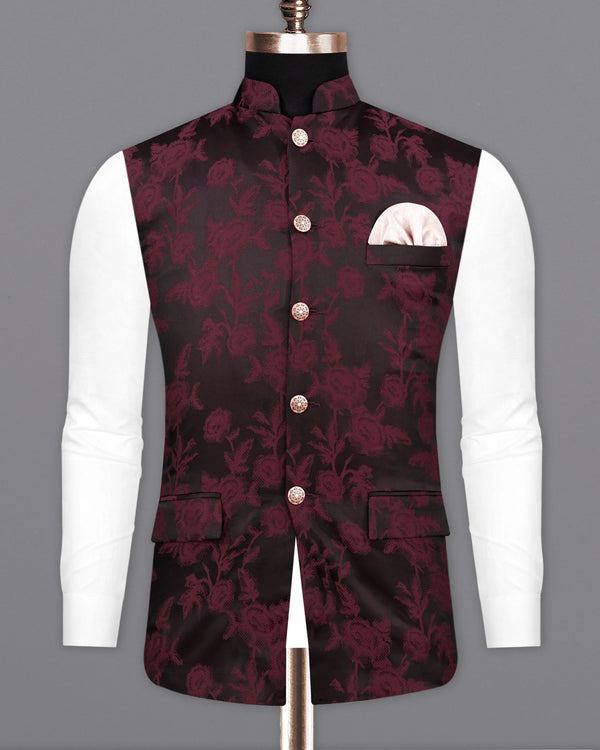 Zeus Black with Lonestar Maroon Floral Printed Nehru Jacket WC2163-38, WC2163-39, WC2163-40, WC2163-42, WC2163-44, WC2163-46, WC2163-48, WC2163-50, WC2163-52