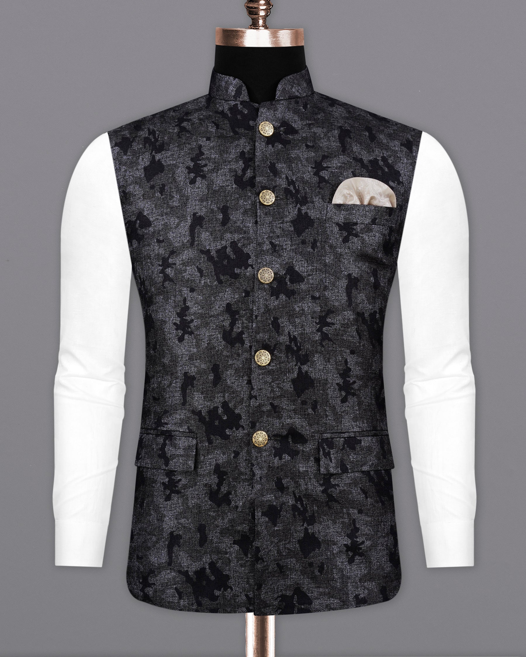 Montana Gray with Jade Black Chintz Printed Bandhgala Nehru Jacket WC2166-38, WC2166-39, WC2166-40, WC2166-42, WC2166-44, WC2166-46, WC2166-48, WC2166-50, WC2166-52