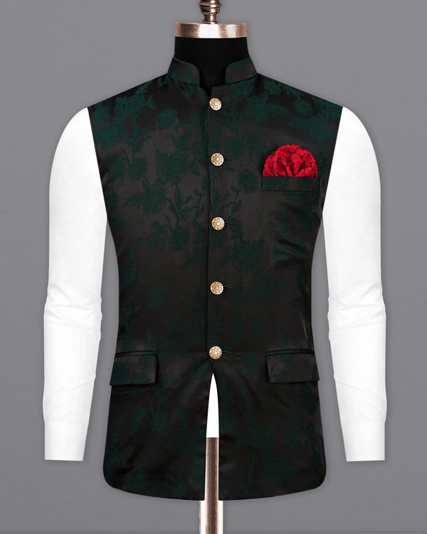 Zeus Black and Holly Dark Green Floral Printed Nehru Jacket WC2168-38, WC2168-39, WC2168-40, WC2168-42, WC2168-44, WC2168-46, WC2168-48, WC2168-50, WC2168-52