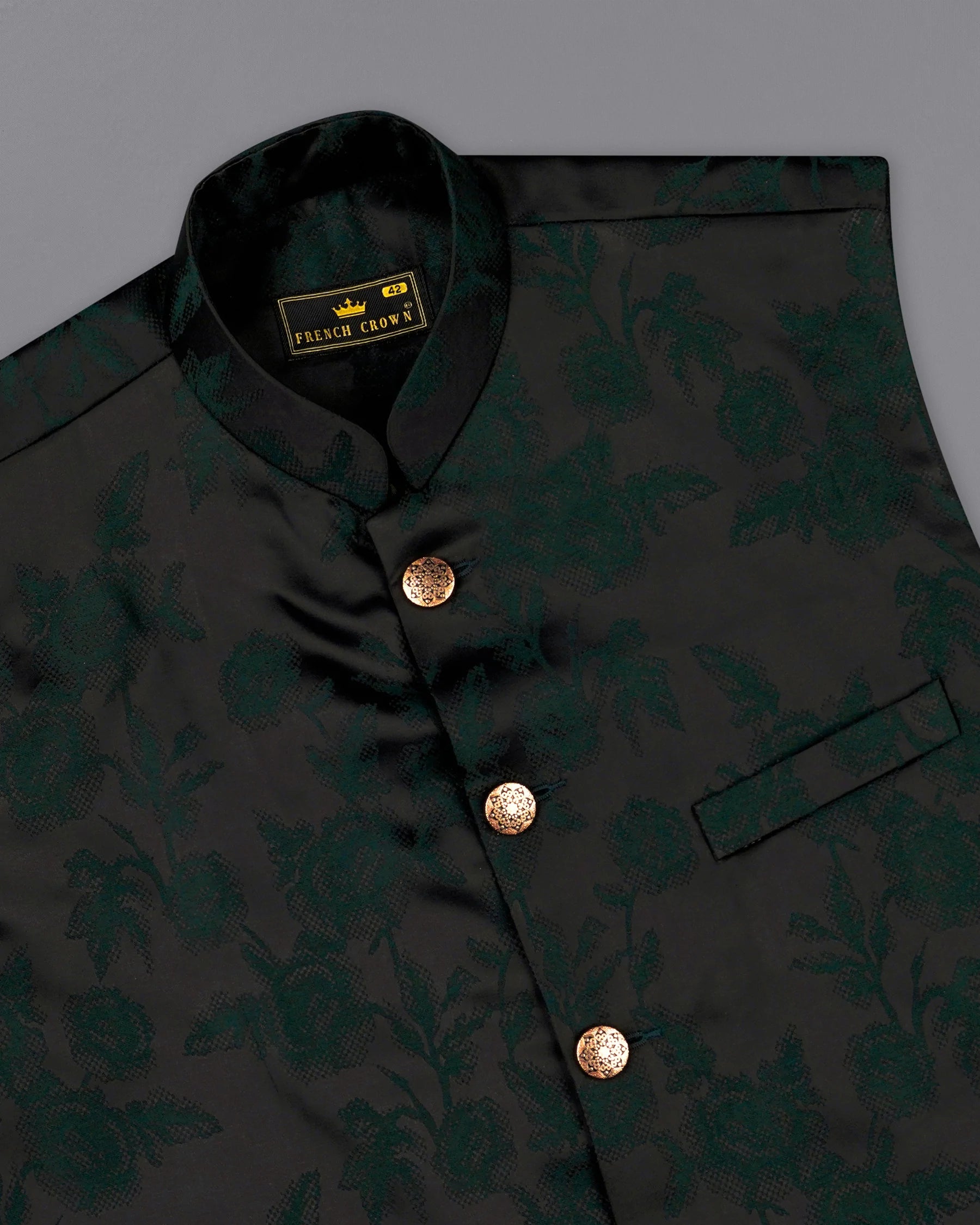 Zeus Black and Holly Dark Green Floral Printed Nehru Jacket WC2168-38, WC2168-39, WC2168-40, WC2168-42, WC2168-44, WC2168-46, WC2168-48, WC2168-50, WC2168-52