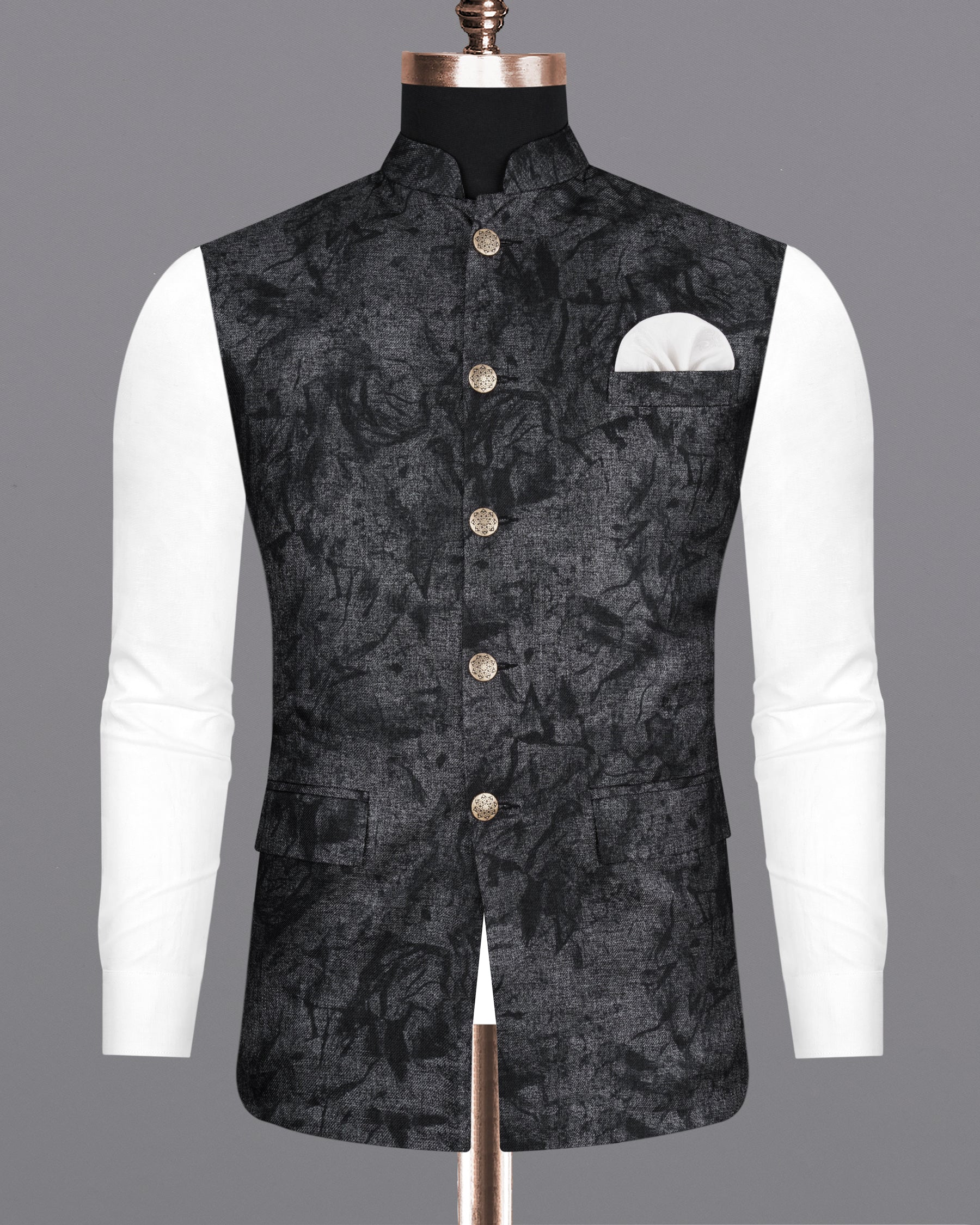 Fedora Gray and Carmine Pink Thread and Sequin Embroidered Textured Premium  Polyester Designer Nehru Jacket For Men