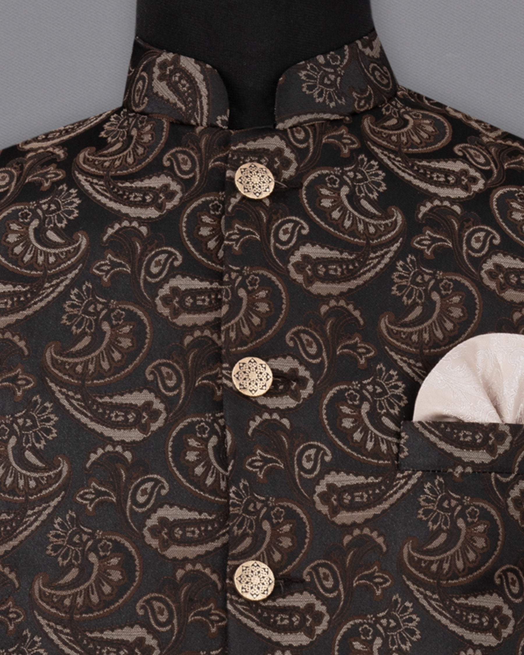 Stonewall Brown with Zeus Black Paisley Textured Designer Nehru Jacket  WC2204-36, WC2204-38, WC2204-40, WC2204-42, WC2204-44, WC2204-46, WC2204-48, WC2204-50, WC2204-52, WC2204-54, WC2204-56, WC2204-58, WC2204-60