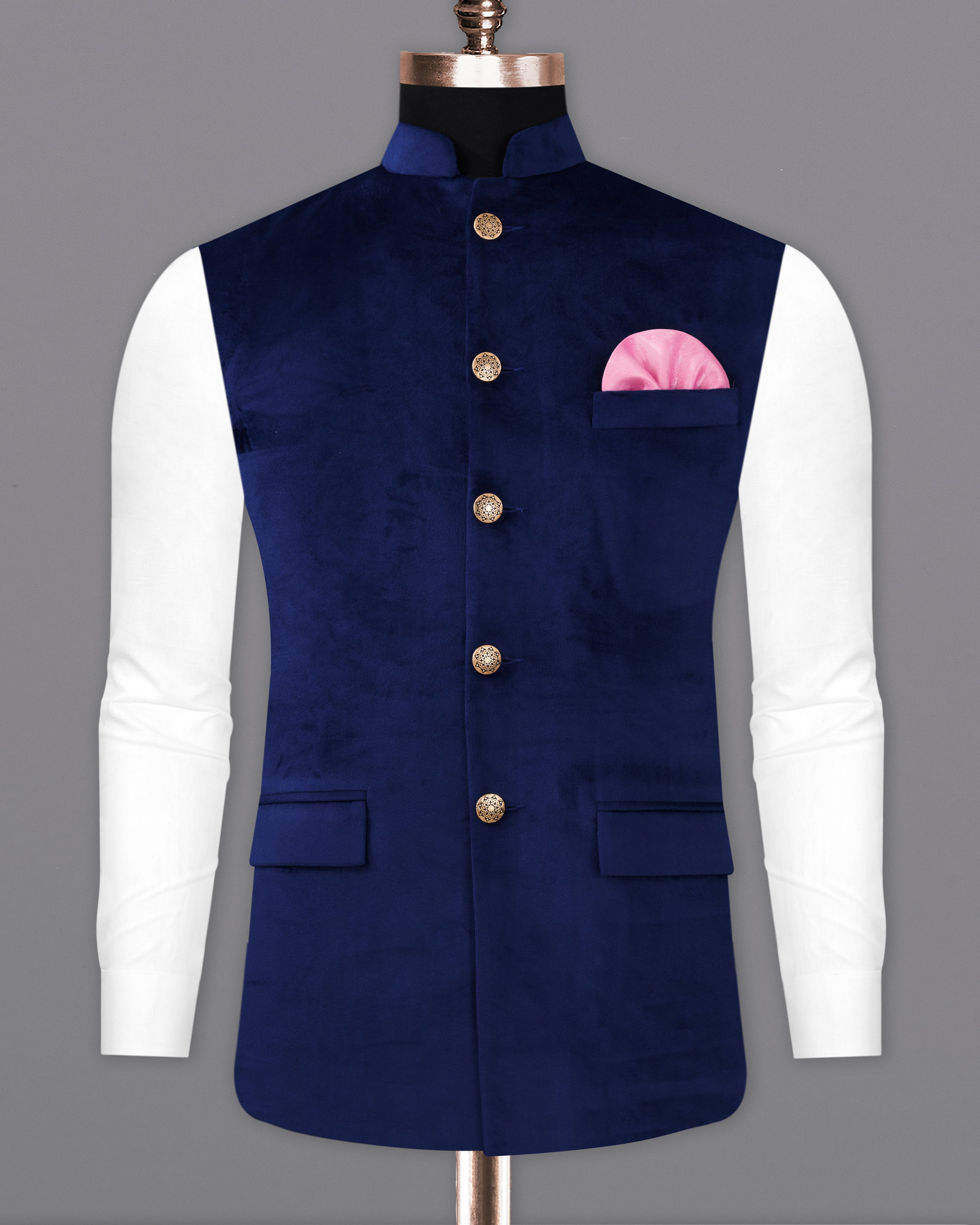 Plain Dupion Silk Nehru Jacket in Navy Blue : MTX50
