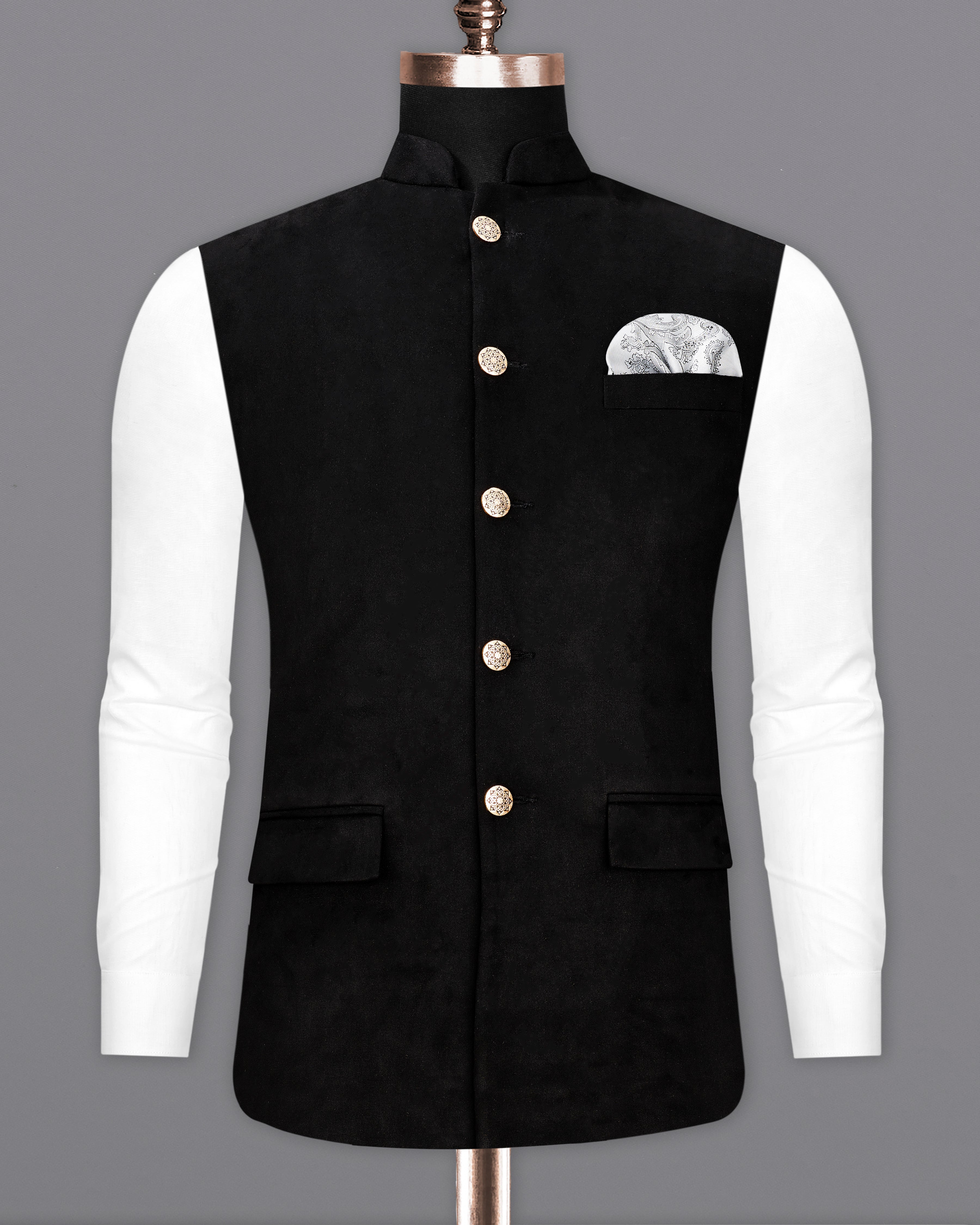 Jade Black Velvet Designer Nehru Jacket WC2235-36, WC2235-38, WC2235-40, WC2235-42, WC2235-44, WC2235-46, WC2235-48, WC2235-50, WC2235-52, WC2235-54, WC2235-56, WC2235-58, WC2235-60