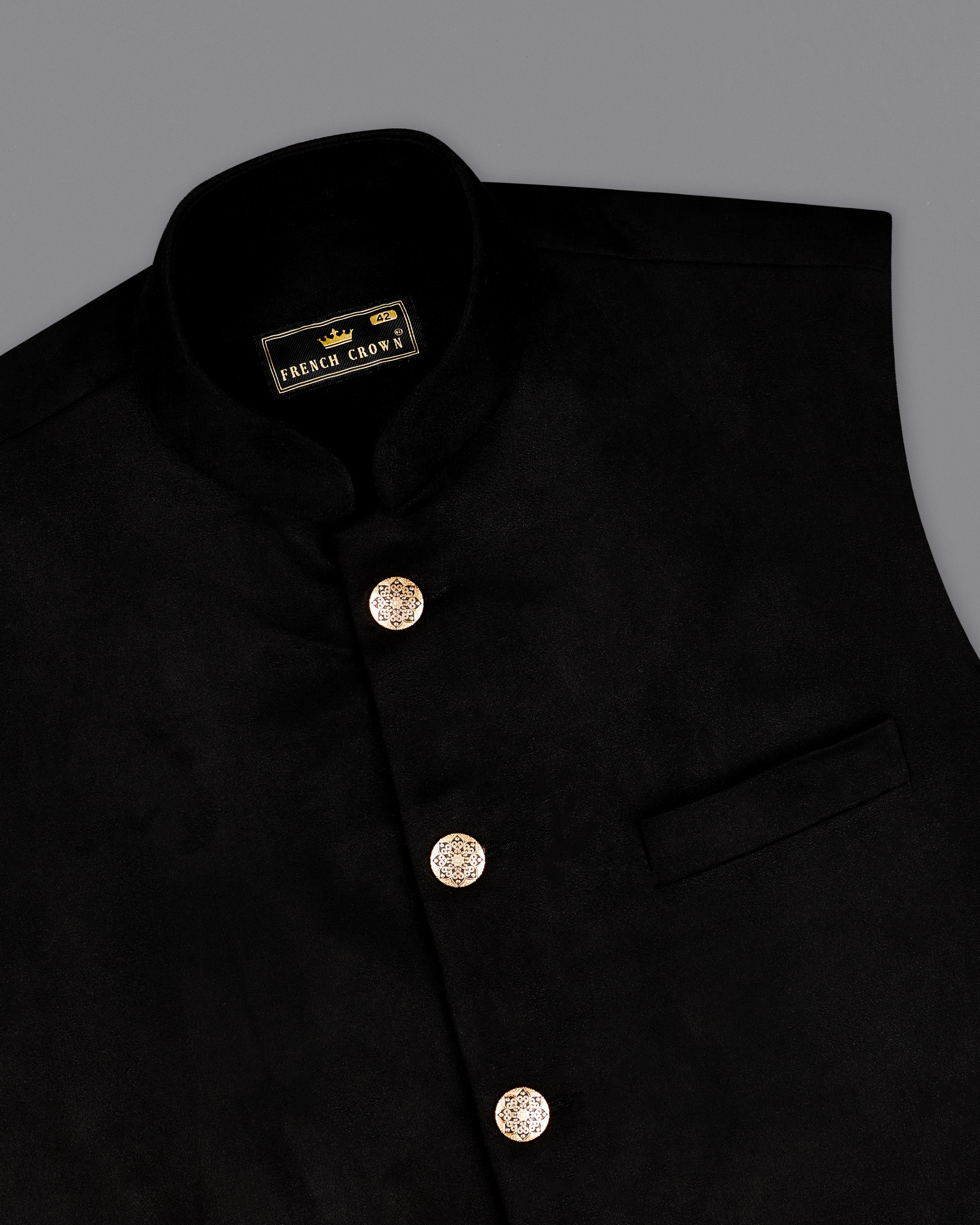 Jade Black Velvet Designer Nehru Jacket WC2235-36, WC2235-38, WC2235-40, WC2235-42, WC2235-44, WC2235-46, WC2235-48, WC2235-50, WC2235-52, WC2235-54, WC2235-56, WC2235-58, WC2235-60