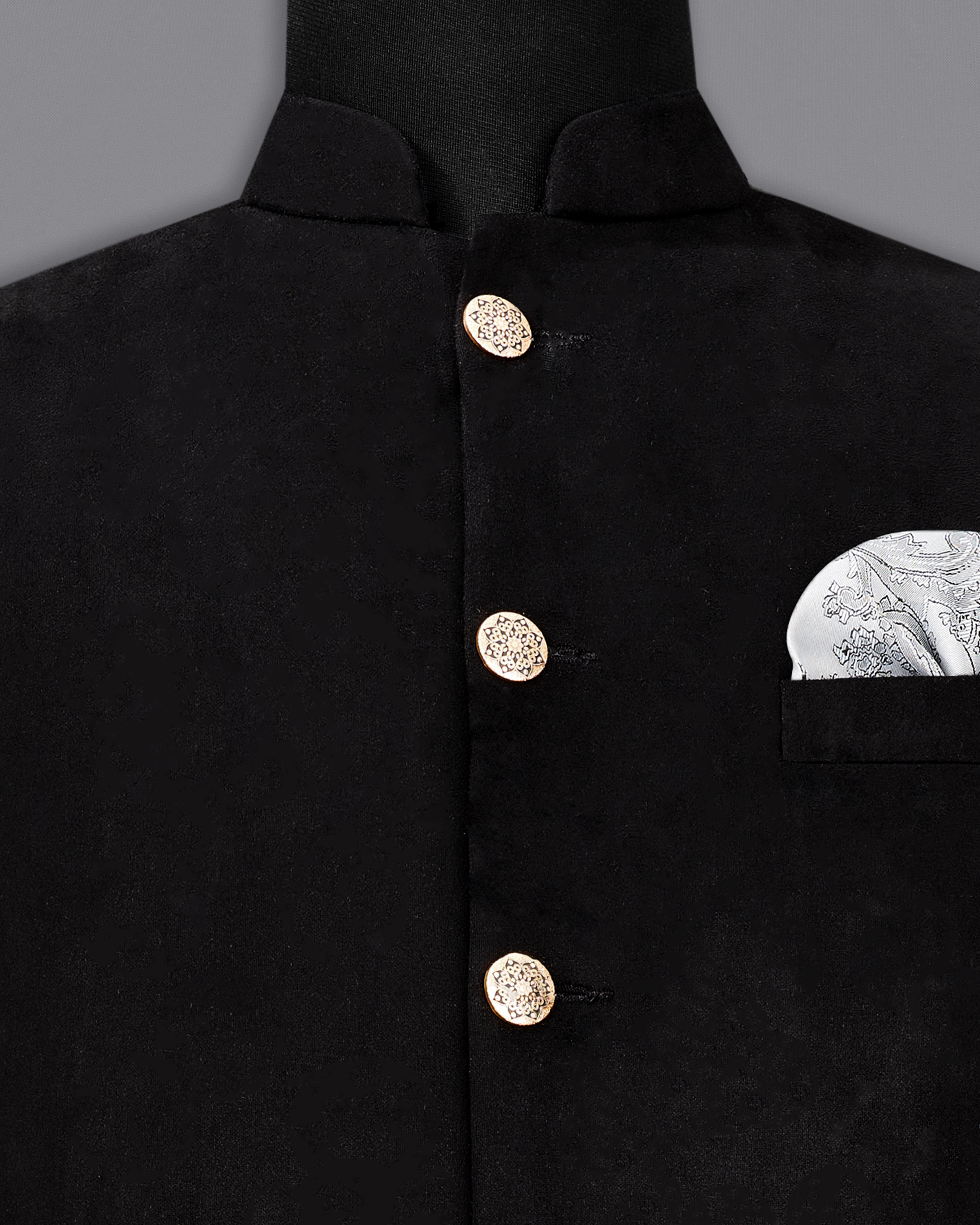 Jade Black Velvet Designer Nehru Jacket WC2235-36, WC2235-38, WC2235-40, WC2235-42, WC2235-44, WC2235-46, WC2235-48, WC2235-50, WC2235-52, WC2235-54, WC2235-56, WC2235-58, WC2235-60