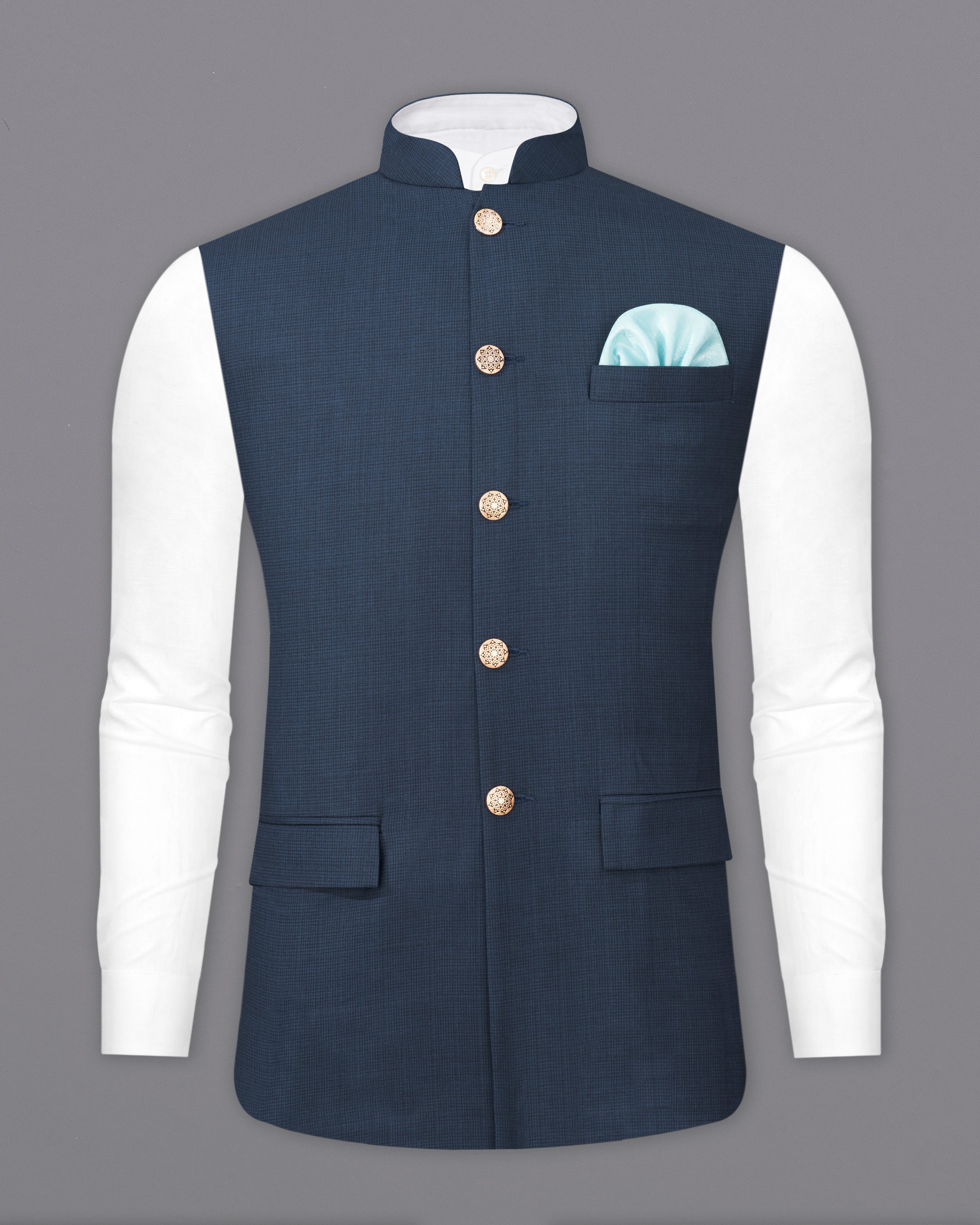 Bunting Blue Plaid  Nehru Jacket WC2257-36, WC2257-38, WC2257-40, WC2257-42, WC2257-44, WC2257-46, WC2257-48, WC2257-50, WC2257-52, WC2257-54, WC2257-56, WC2257-58, WC2257-60