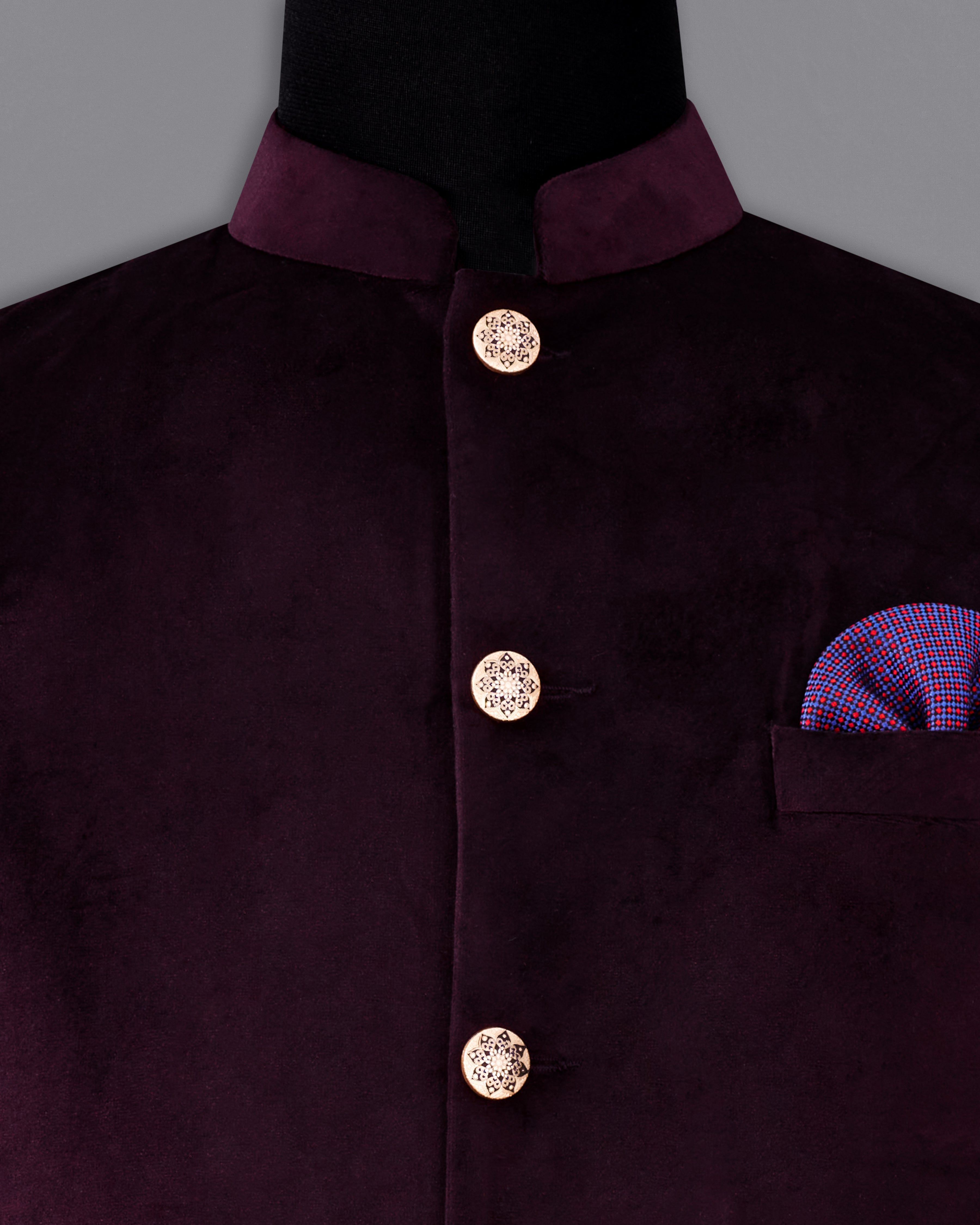 Wine Knit Check Nehru Jacket