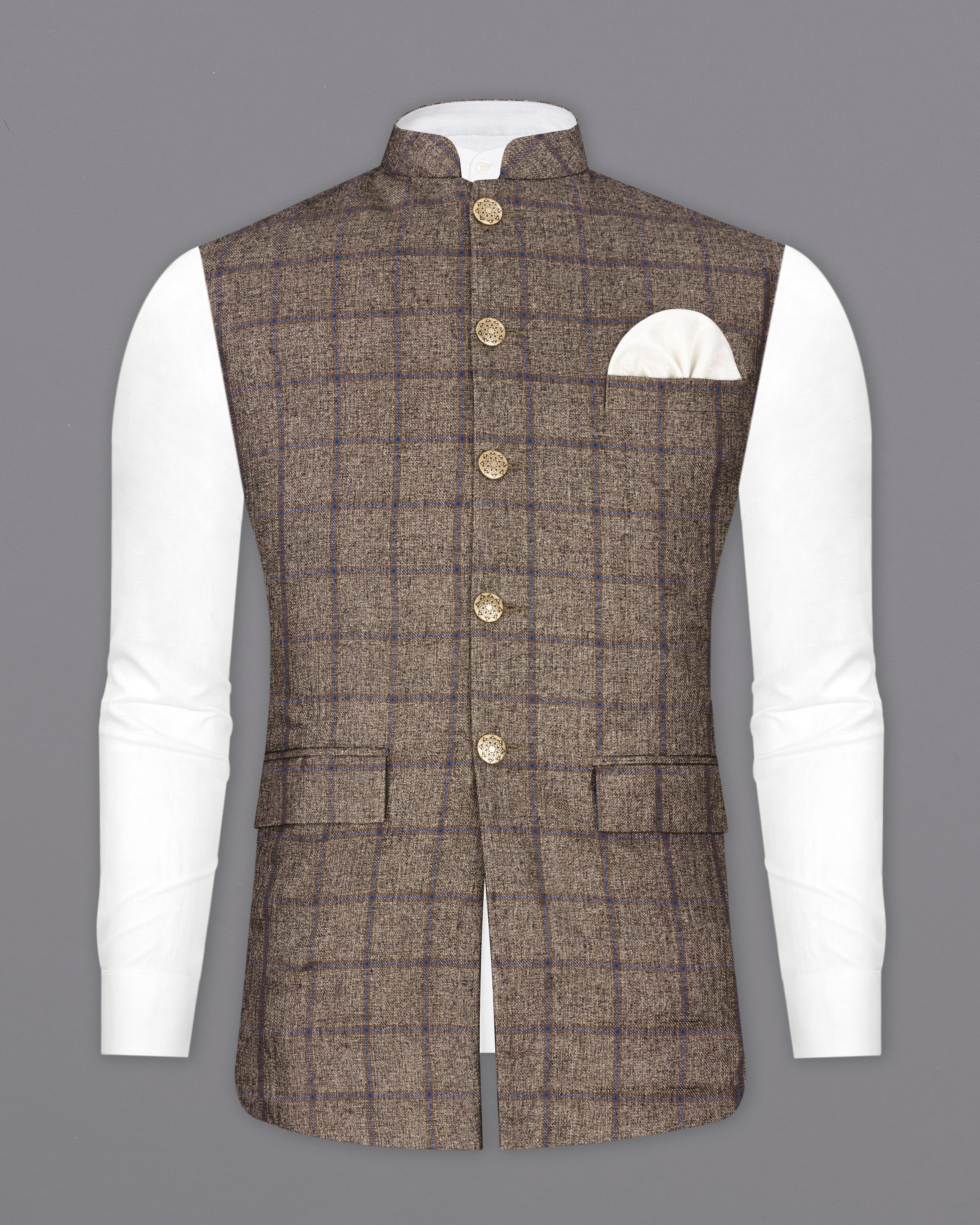 Pine Cone Brown Plaid Nehru Jacket WC2304-36, WC2304-38, WC2304-40, WC2304-42, WC2304-44, WC2304-46, WC2304-48, WC2304-50, WC2304-52, WC2304-54, WC2304-56, WC2304-58, WC2304-60	