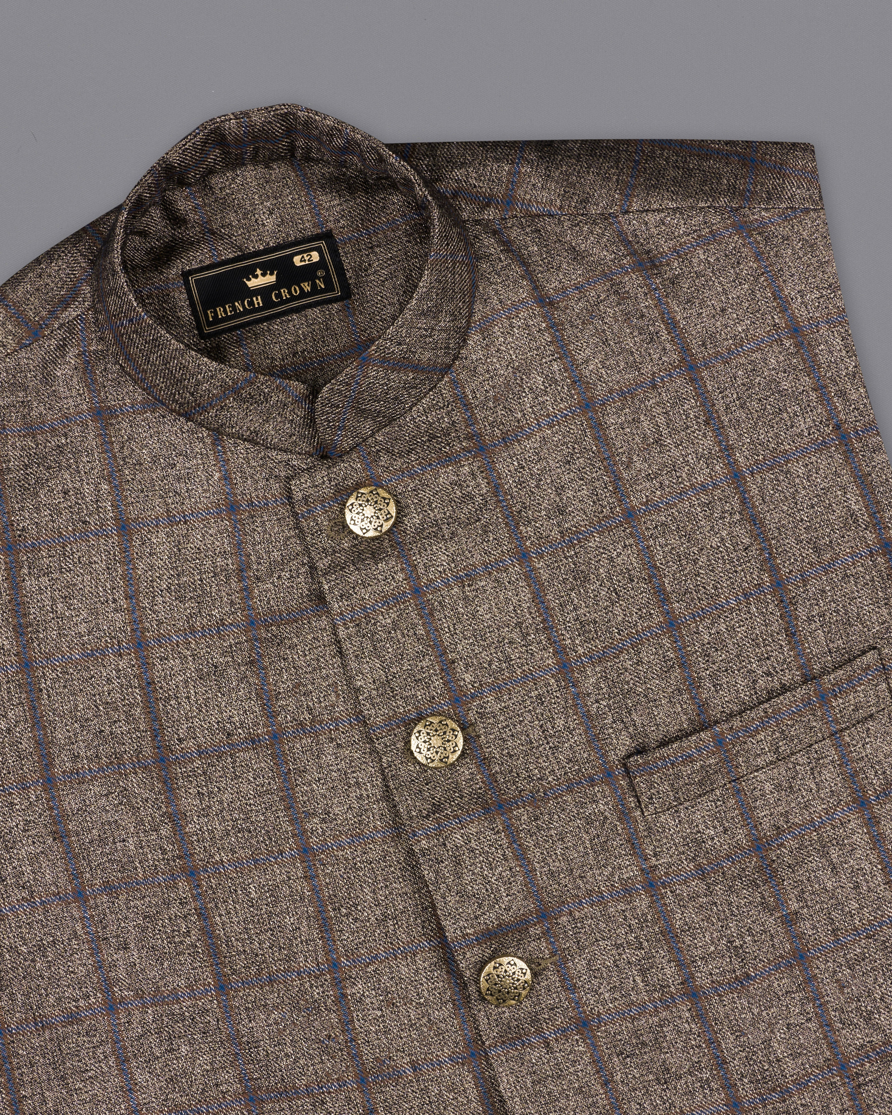 Pine Cone Brown Plaid Nehru Jacket WC2304-36, WC2304-38, WC2304-40, WC2304-42, WC2304-44, WC2304-46, WC2304-48, WC2304-50, WC2304-52, WC2304-54, WC2304-56, WC2304-58, WC2304-60	