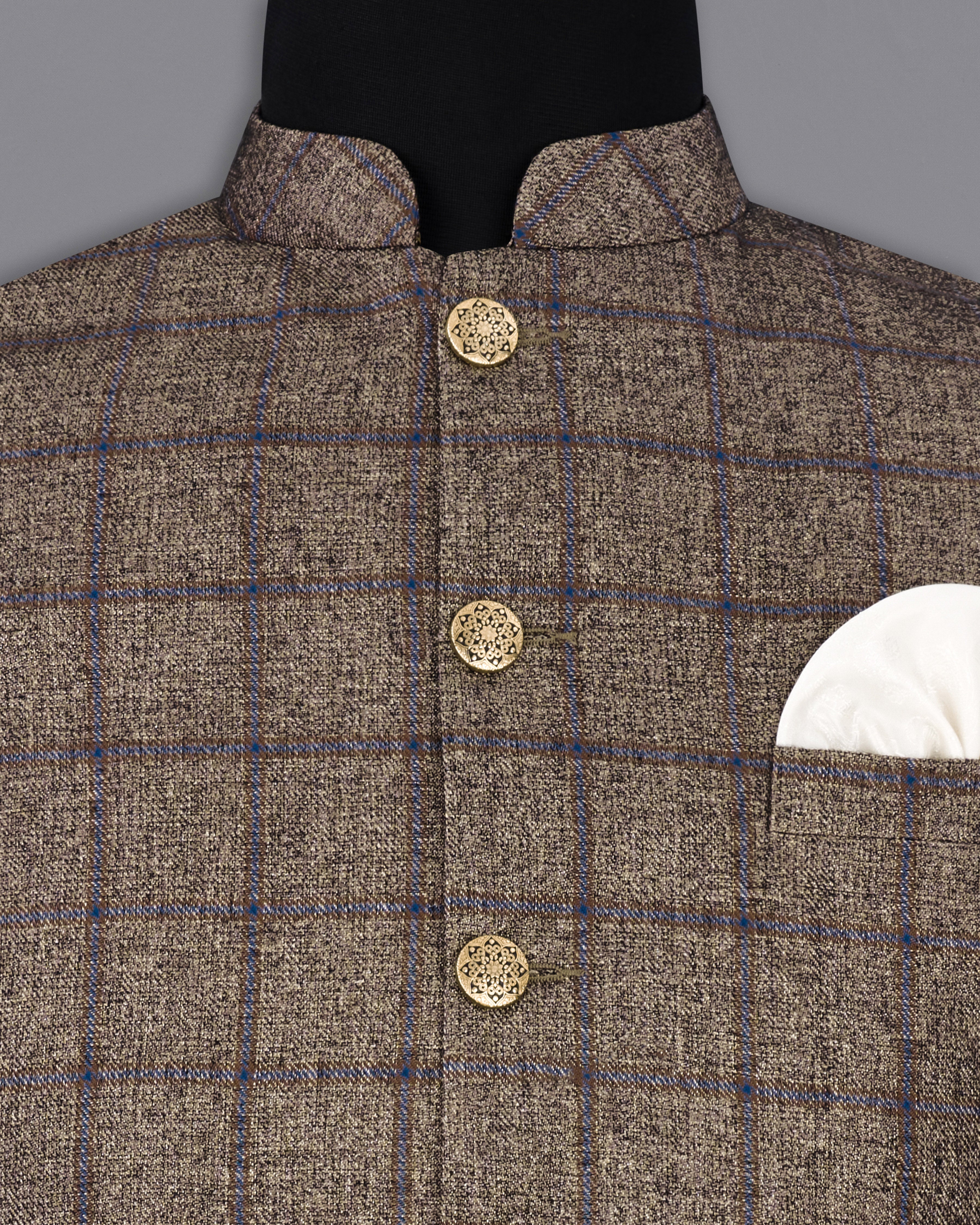 Pine Cone Brown Plaid Nehru Jacket WC2304-36, WC2304-38, WC2304-40, WC2304-42, WC2304-44, WC2304-46, WC2304-48, WC2304-50, WC2304-52, WC2304-54, WC2304-56, WC2304-58, WC2304-60	