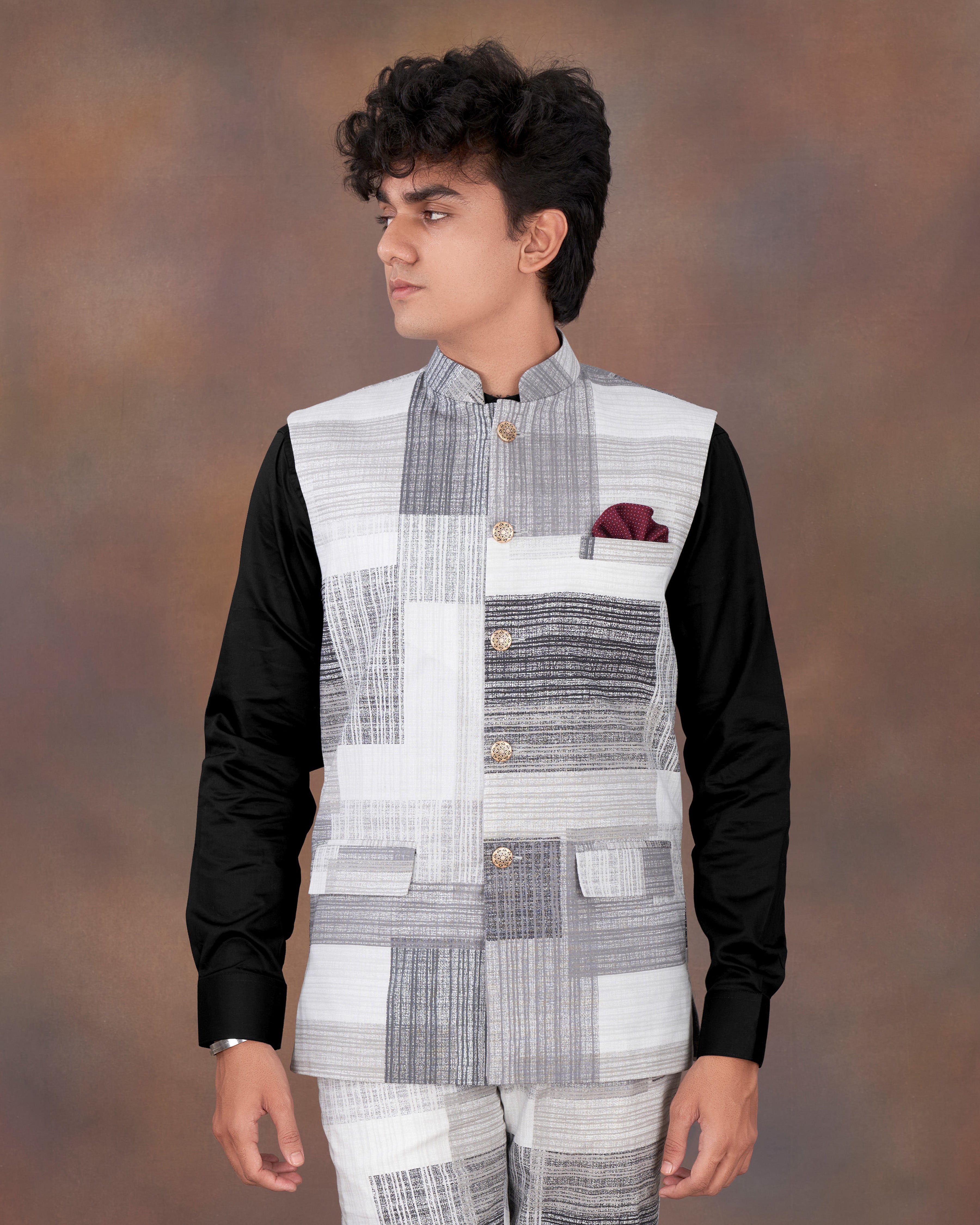 Mystic Gray and Black Premium Cotton Nehru Jacket WC2314-36, WC2314-38, WC2314-40, WC2314-42, WC2314-44, WC2314-46, WC2314-48, WC2314-50, WC2314-52, WC2314-54, WC2314-56, WC2314-58, WC2314-60