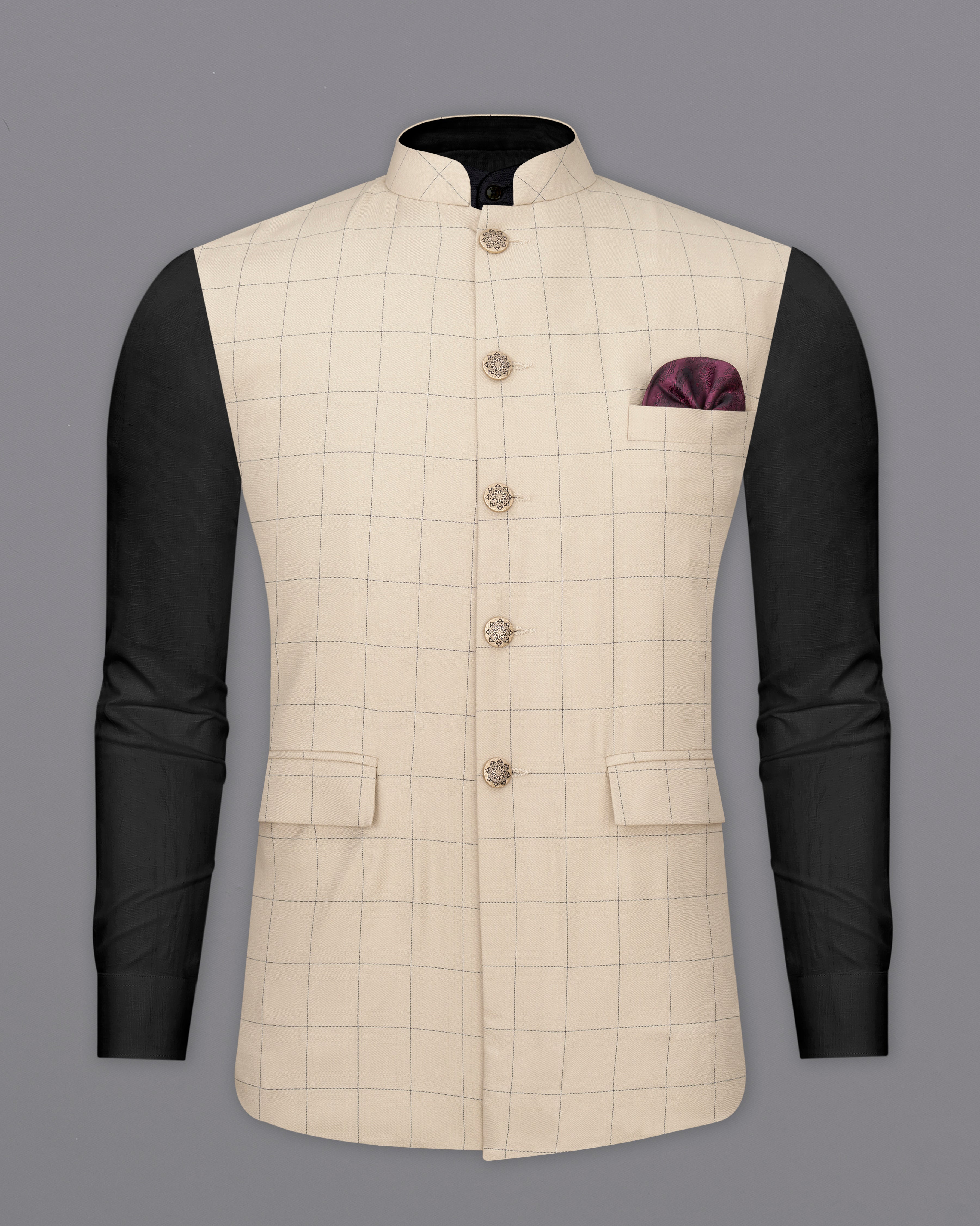 Hampton Cream Windowpane Designer Nehru Jacket WC2382-36, WC2382-38, WC2382-40, WC2382-42, WC2382-44, WC2382-46, WC2382-48, WC2382-50, WC2382-52, WC2382-54, WC2382-56, WC2382-58, WC2382-60