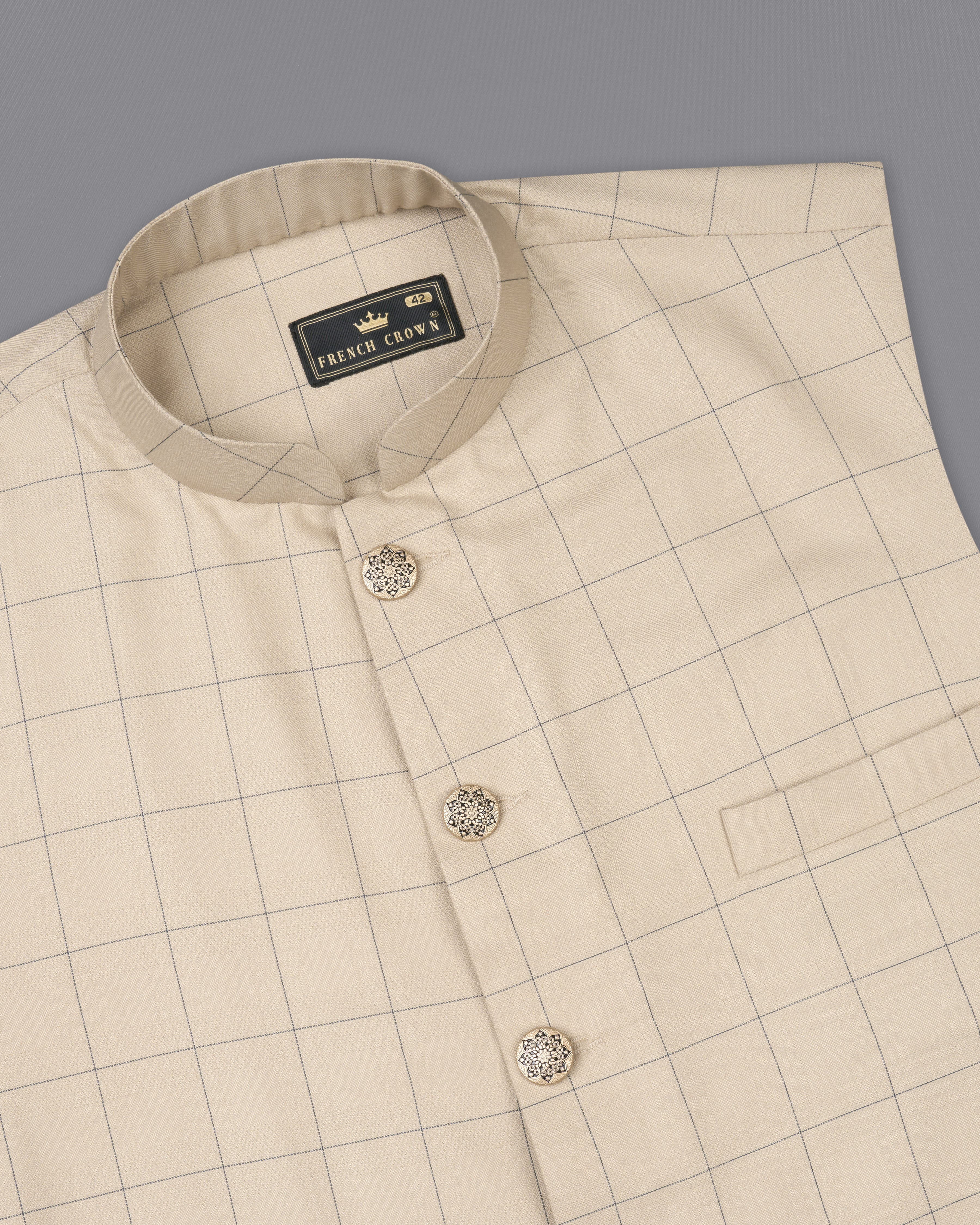 Hampton Cream Windowpane Designer Nehru Jacket WC2382-36, WC2382-38, WC2382-40, WC2382-42, WC2382-44, WC2382-46, WC2382-48, WC2382-50, WC2382-52, WC2382-54, WC2382-56, WC2382-58, WC2382-60