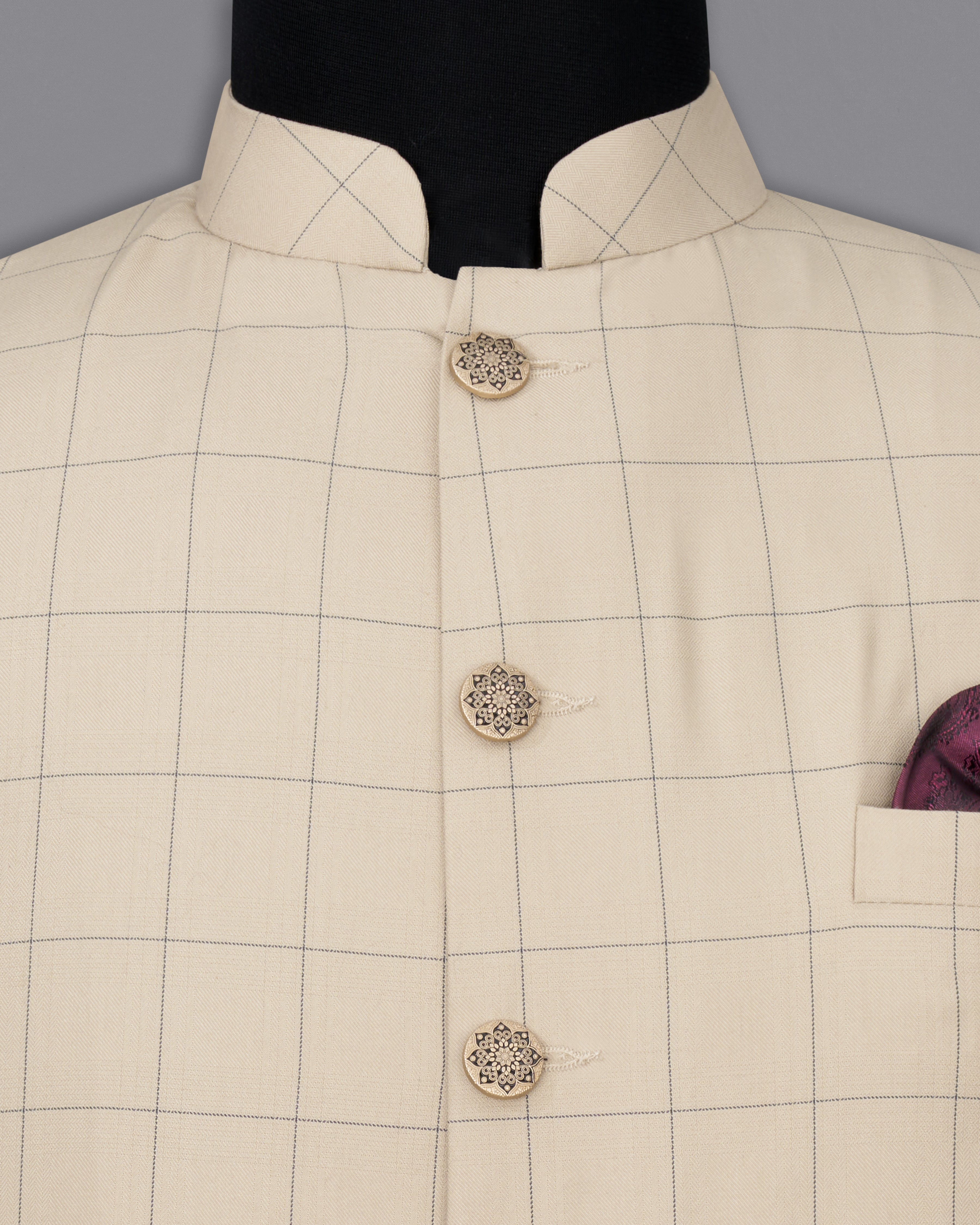 Hampton Cream Windowpane Designer Nehru Jacket WC2382-36, WC2382-38, WC2382-40, WC2382-42, WC2382-44, WC2382-46, WC2382-48, WC2382-50, WC2382-52, WC2382-54, WC2382-56, WC2382-58, WC2382-60