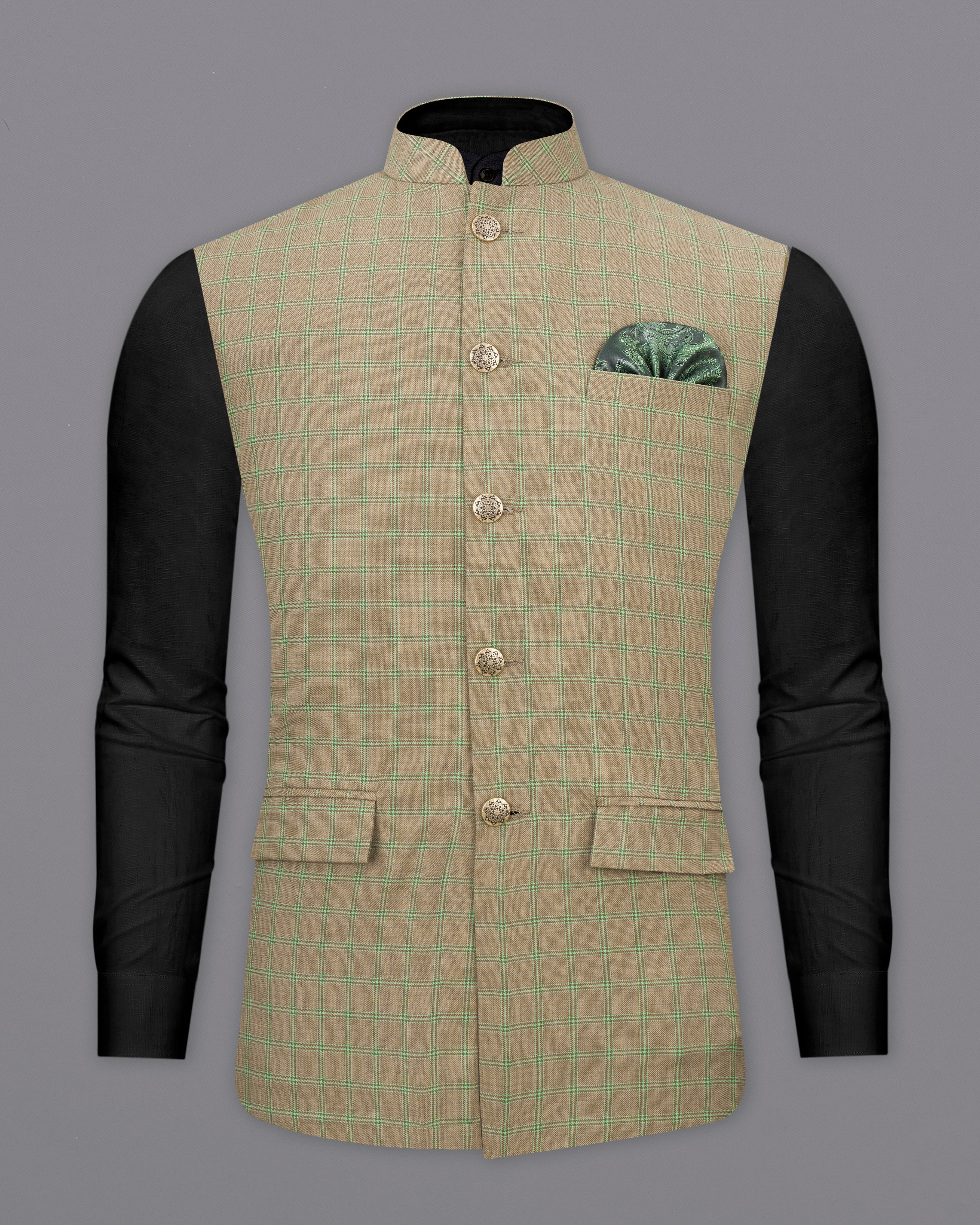 Sandrift Brown with Sprout Green Plaid Nehru Jacket WC2483-38, WC2483-39, WC2483-40, WC2483-42, WC2483-44, WC2483-46, WC2483-48, WC2483-50, WC2483-52