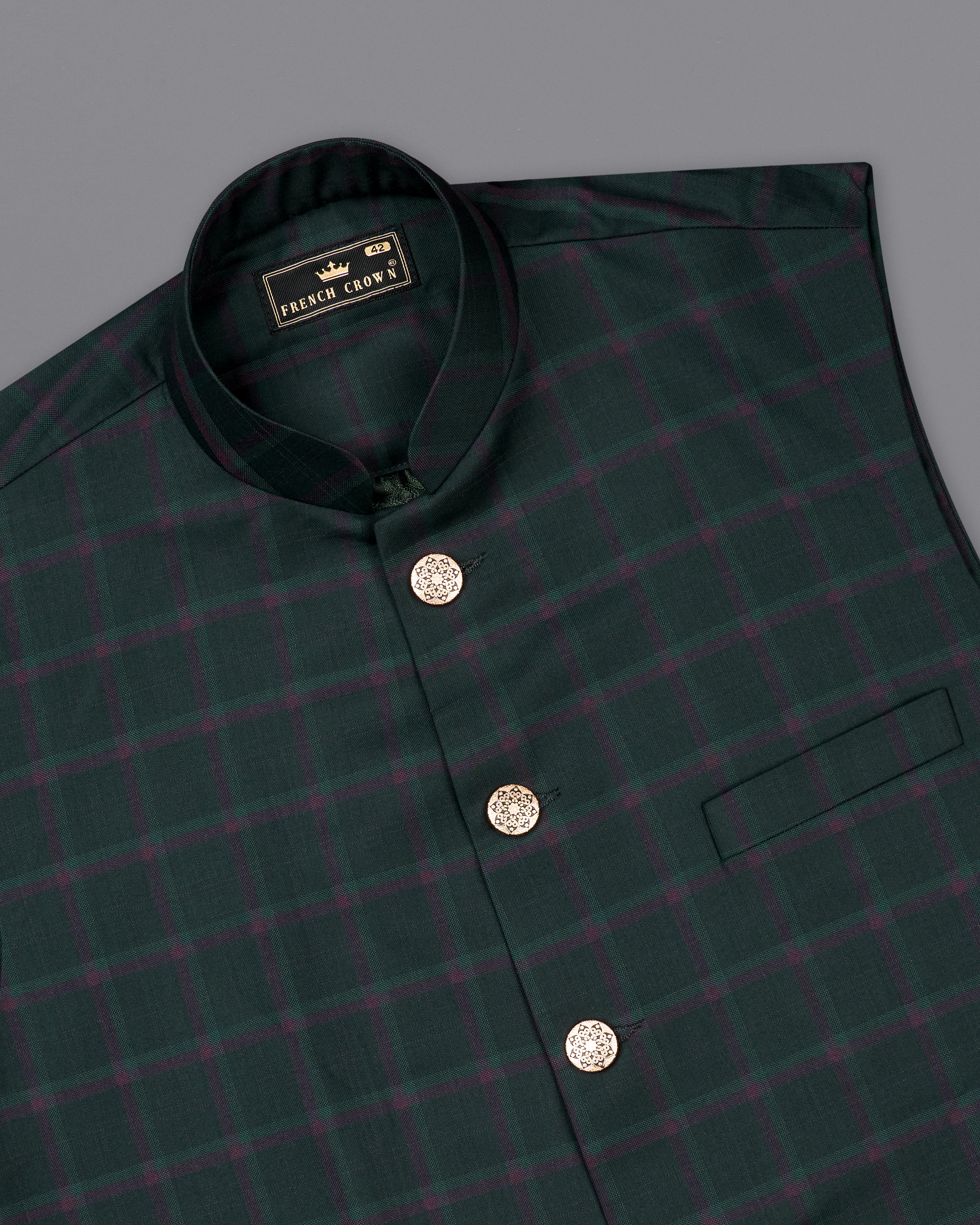 Timber Green Plaid Nehru Jacket WC2484-38, WC2484-39, WC2484-40, WC2484-42, WC2484-44, WC2484-46, WC2484-48, WC2484-50, WC2484-52