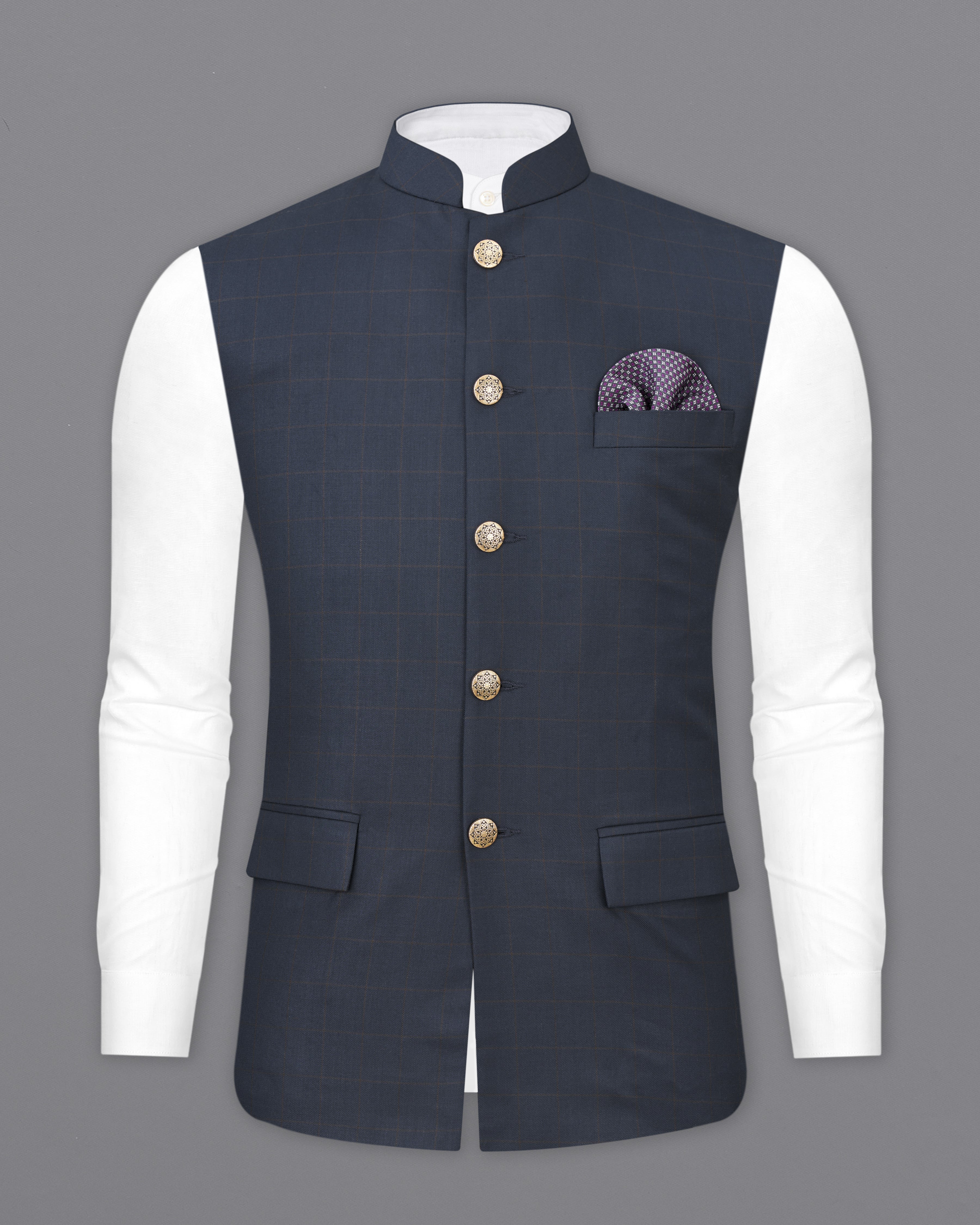 Ebony Clay Blue Windowpane Nehru Jacket WC2501-38, WC2501-39, WC2501-40, WC2501-42, WC2501-44, WC2501-46, WC2501-48, WC2501-50, WC2501-52