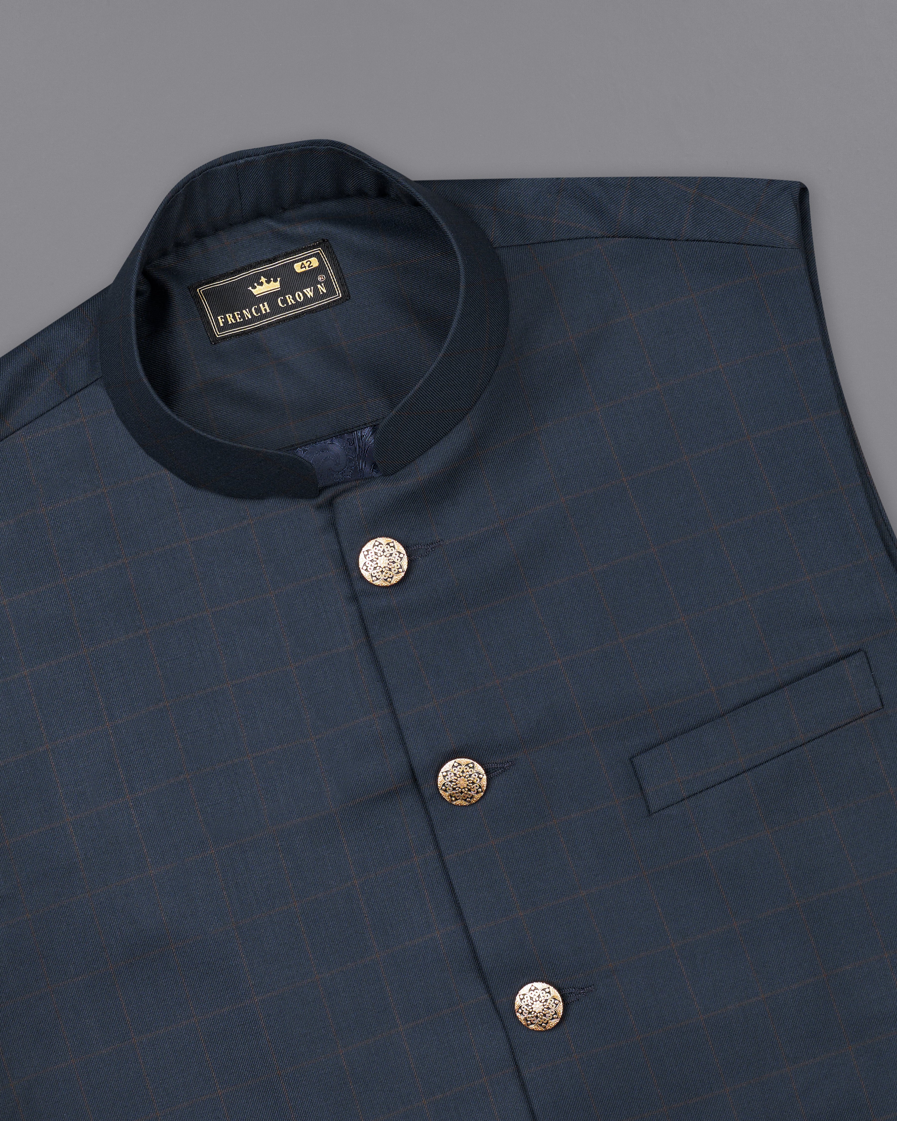 Ebony Clay Blue Checks-Plaid Premium Terry-Rayon Wedding Nehru
