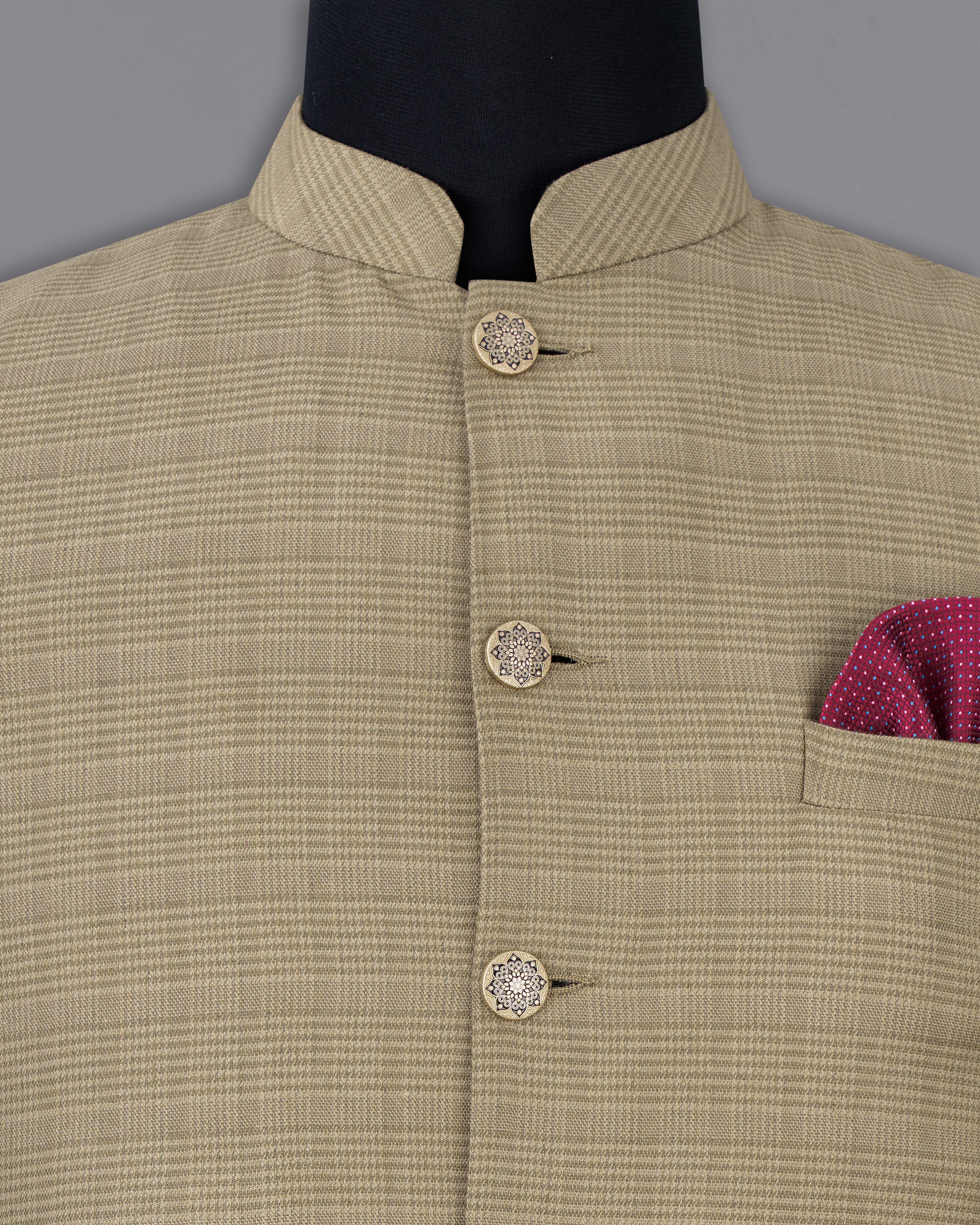 Pale Taupe Brown Plaid Wool Rich Nehru Jacket WC2511-38, WC2511-39, WC2511-40, WC2511-42, WC2511-44, WC2511-46, WC2511-48, WC2511-50, WC2511-52