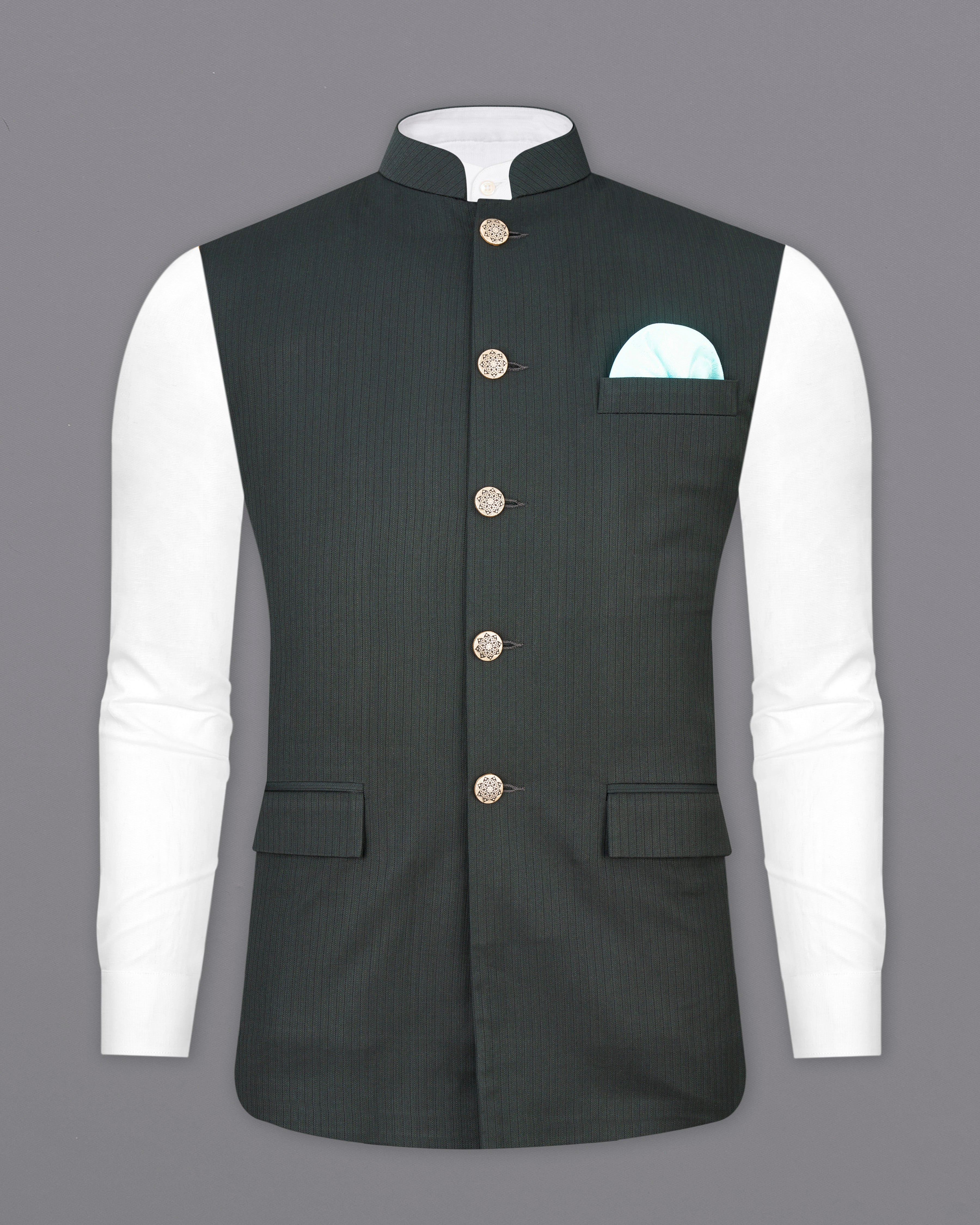 Gravel Dark Green Striped Designer Nehru Jacket WC2531-36, WC2531-38, WC2531-40, WC2531-42, WC2531-44, WC2531-46, WC2531-48, WC2531-50, WC2531-52, WC2531-54, WC2531-53, WC2531-58, WC2531-60