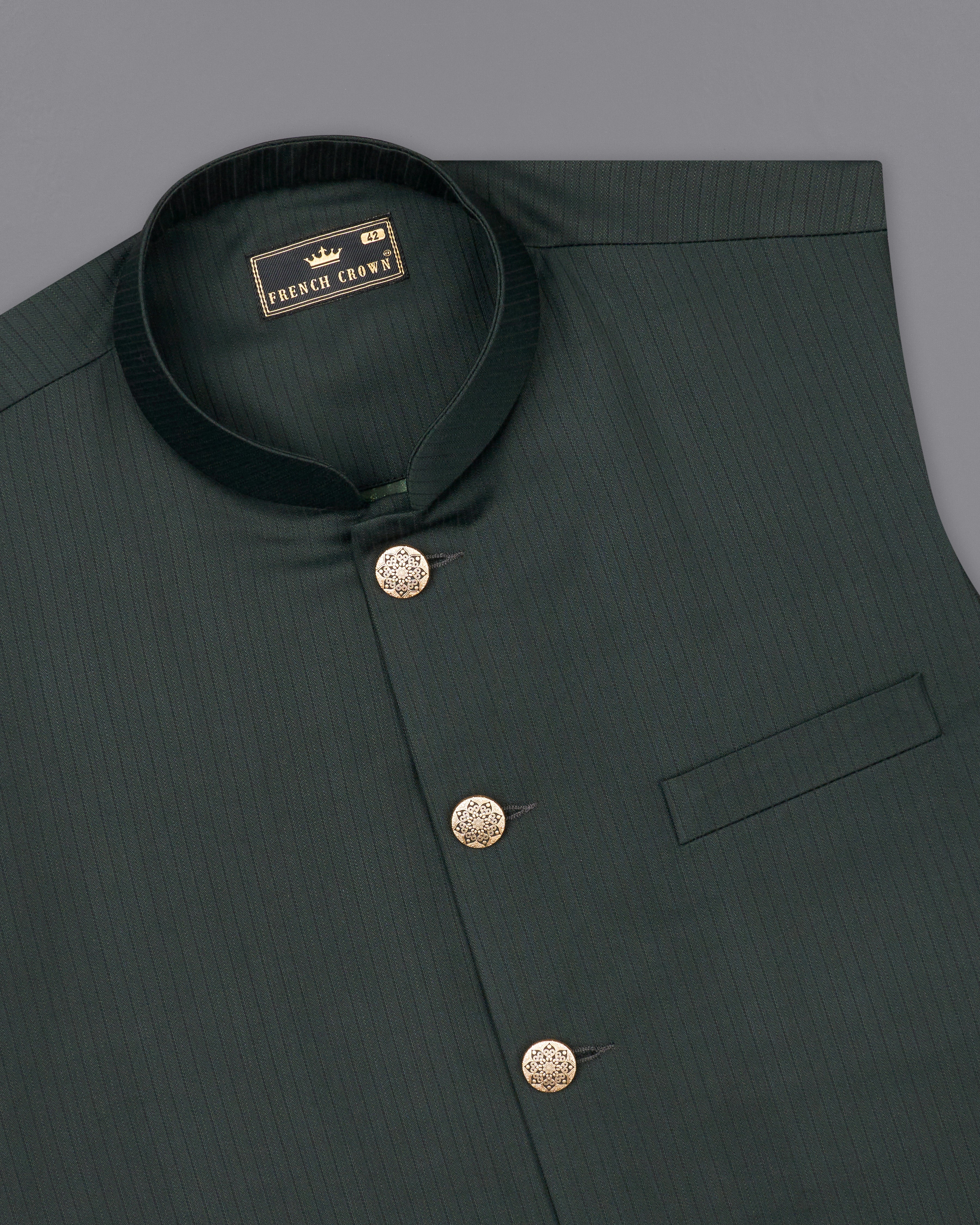 Gravel Dark Green Striped Designer Nehru Jacket WC2531-36, WC2531-38, WC2531-40, WC2531-42, WC2531-44, WC2531-46, WC2531-48, WC2531-50, WC2531-52, WC2531-54, WC2531-53, WC2531-58, WC2531-60