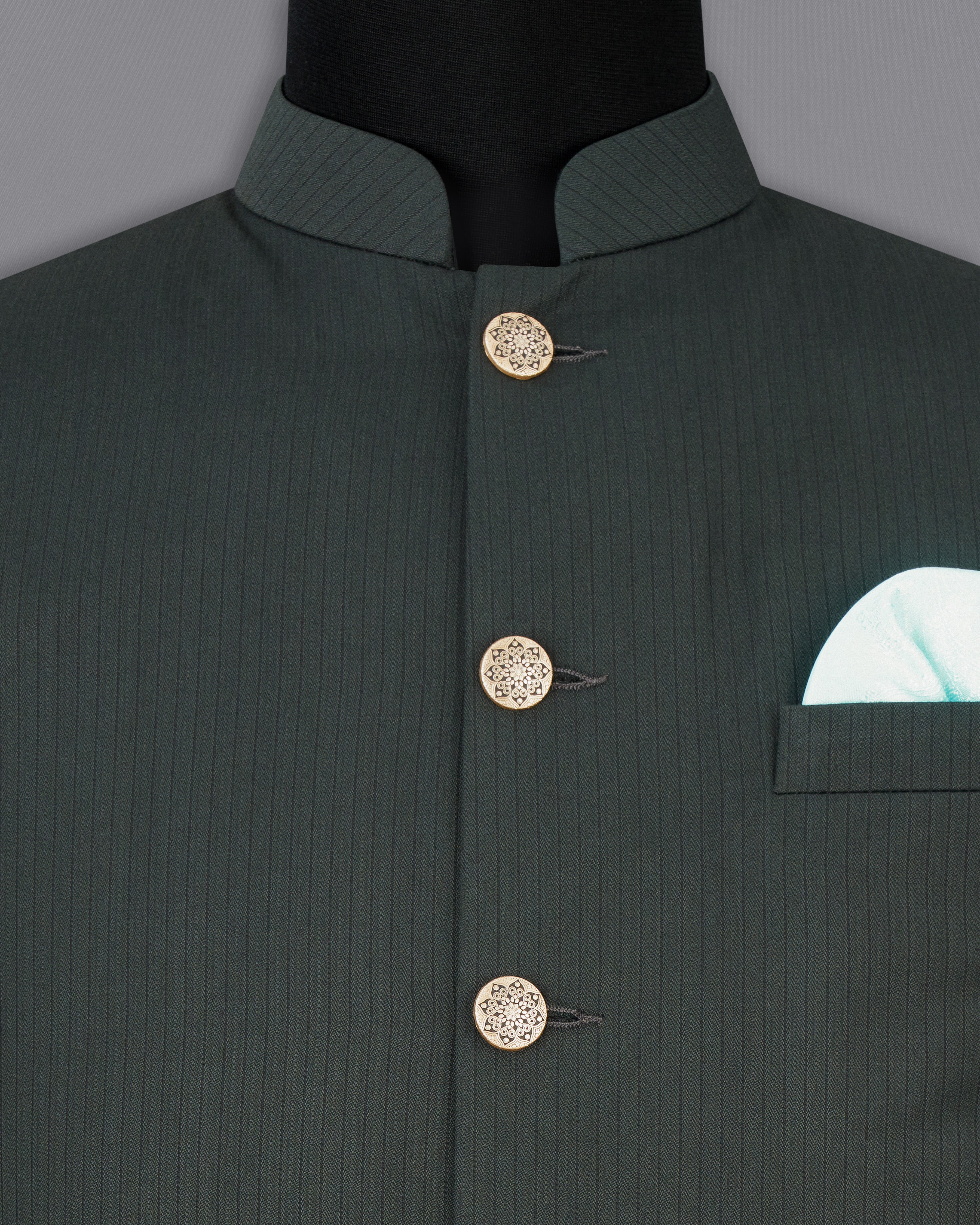 Gravel Dark Green Striped Designer Nehru Jacket WC2531-36, WC2531-38, WC2531-40, WC2531-42, WC2531-44, WC2531-46, WC2531-48, WC2531-50, WC2531-52, WC2531-54, WC2531-53, WC2531-58, WC2531-60