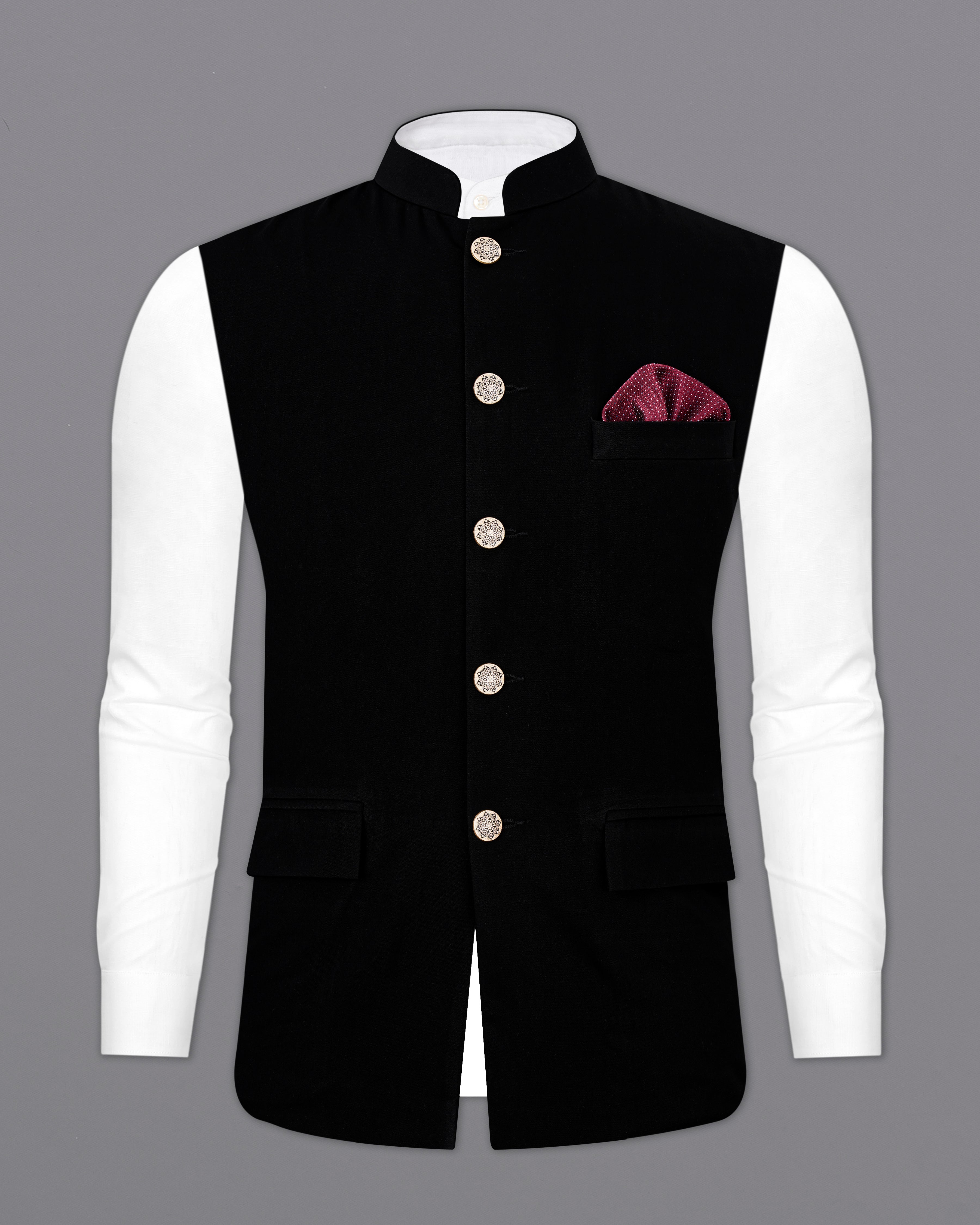 Black Jacquard Print Nehru Jacket / Waistcoat For Men